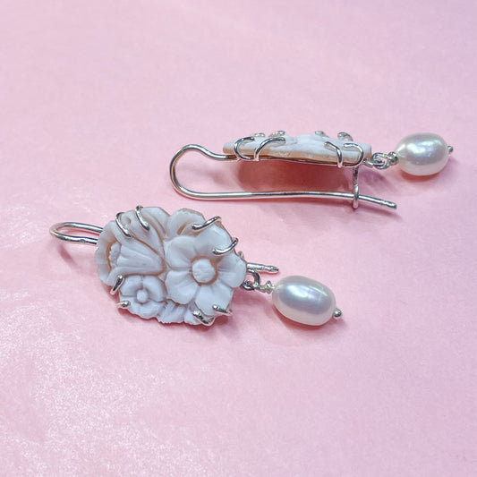 Floral Cameo & Pearl Drop Earrings - Small - John Ross Jewellers