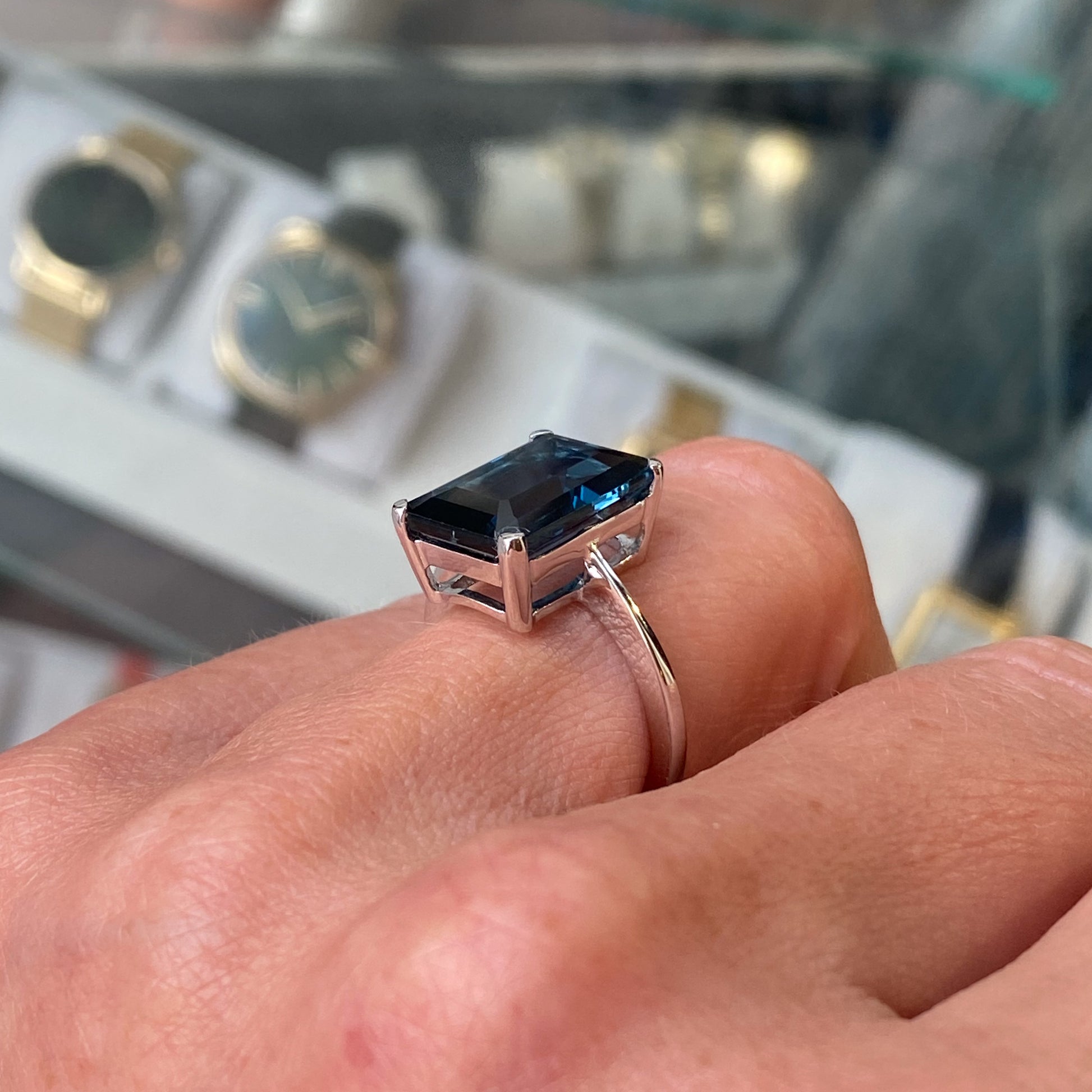 9ct White Gold Octagon Cut London Blue Topaz  Ring - John Ross Jewellers