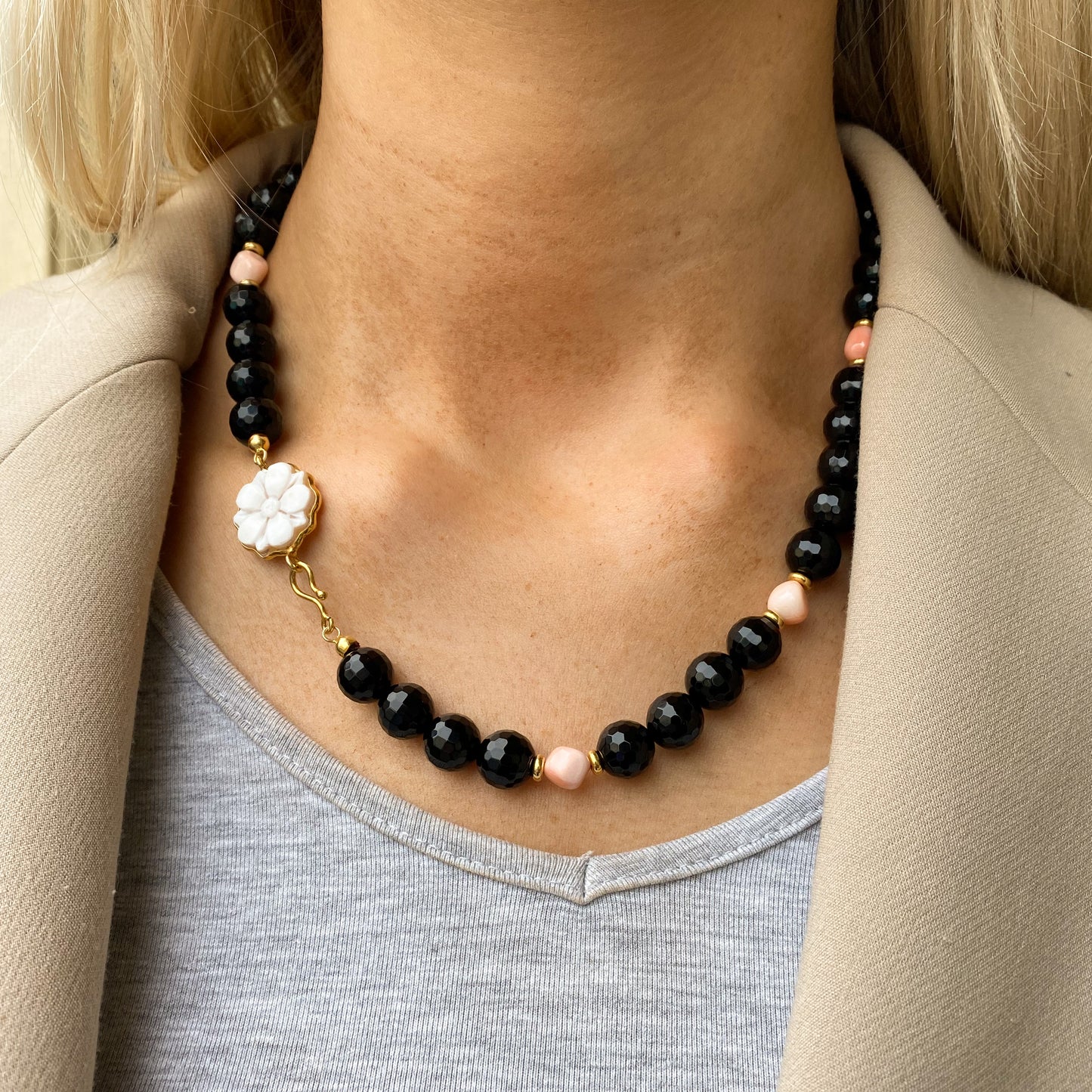 Floral Cameo, Onyx & Rose Coral Necklace | 50cm - John Ross Jewellers