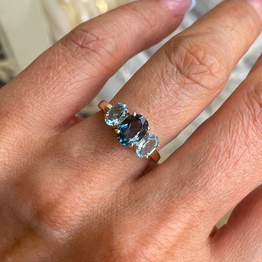 9ct Gold Oval Trilogy Ring - London Blue & Sky Blue Topaz - John Ross Jewellers