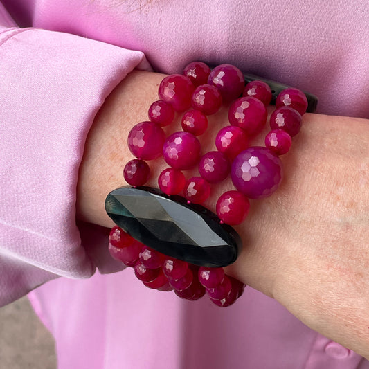 Super Chunky Rubellite & Black Agate Stretch Bracelet - John Ross Jewellers