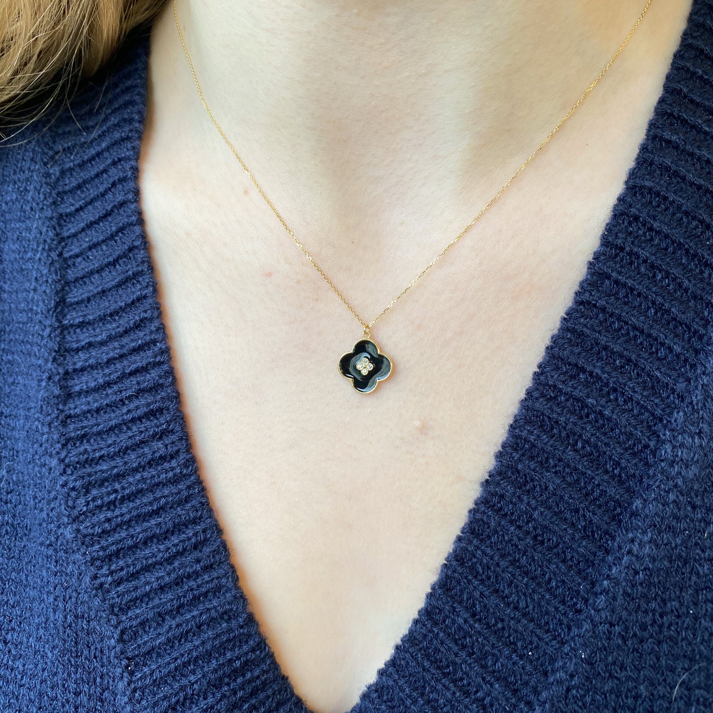 9ct Gold Black Enamel & CZ Quatrefoil Necklace - John Ross Jewellers