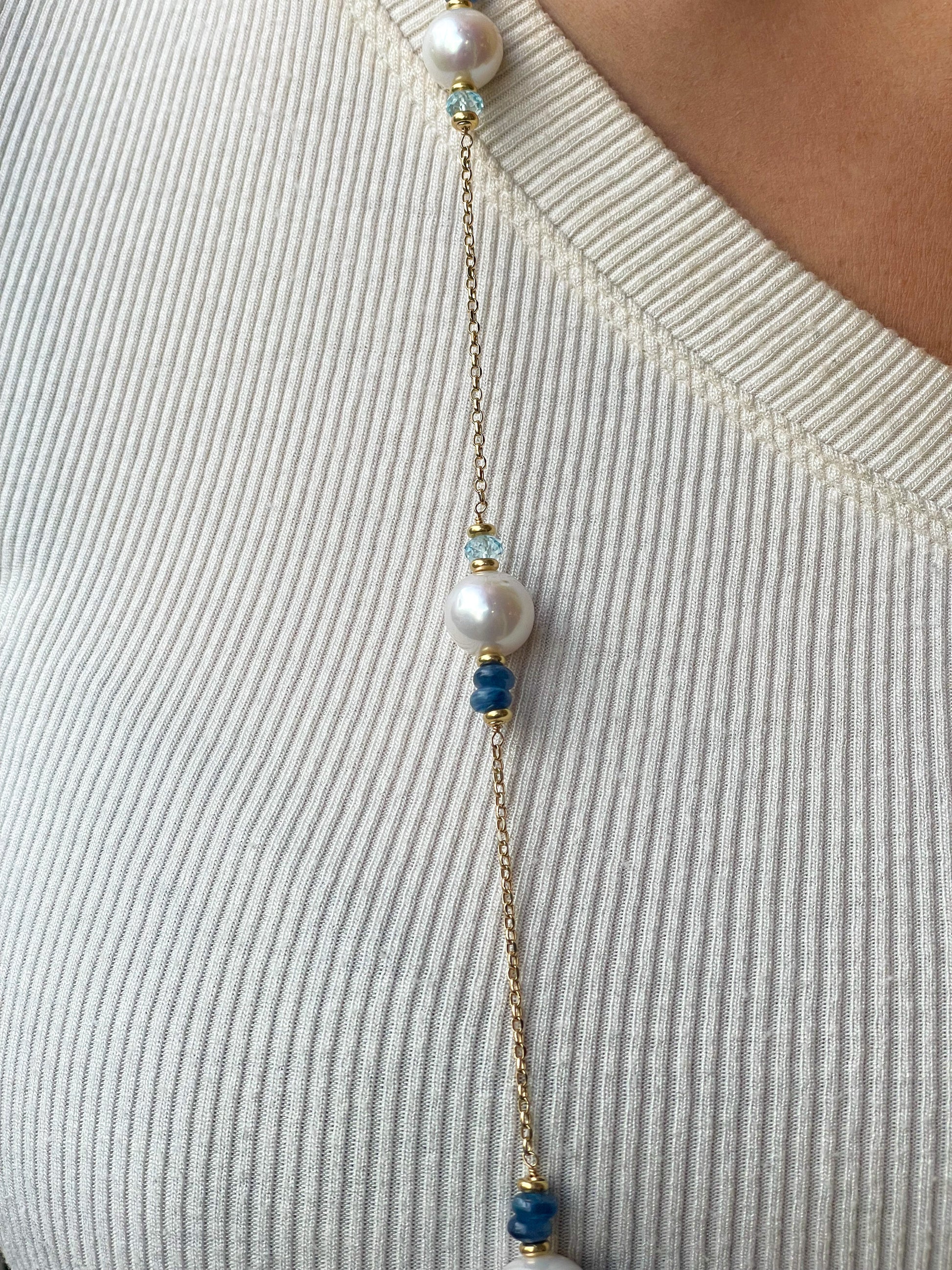 18ct Gold Pearl & Blue Gemstone Necklace - John Ross Jewellers