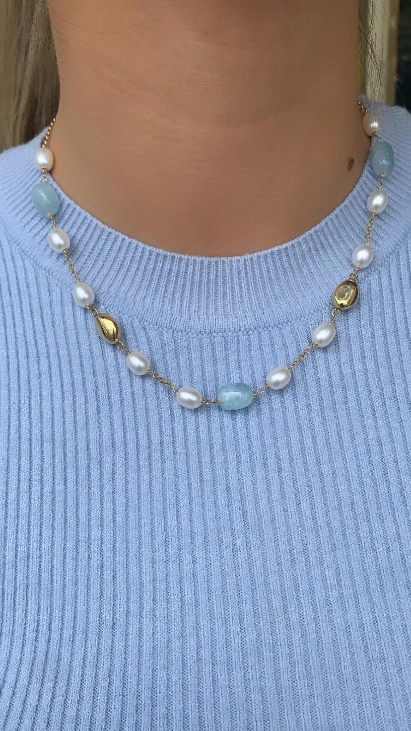 18ct Gold Silky Aquamarine & Pearl Necklace - John Ross Jewellers