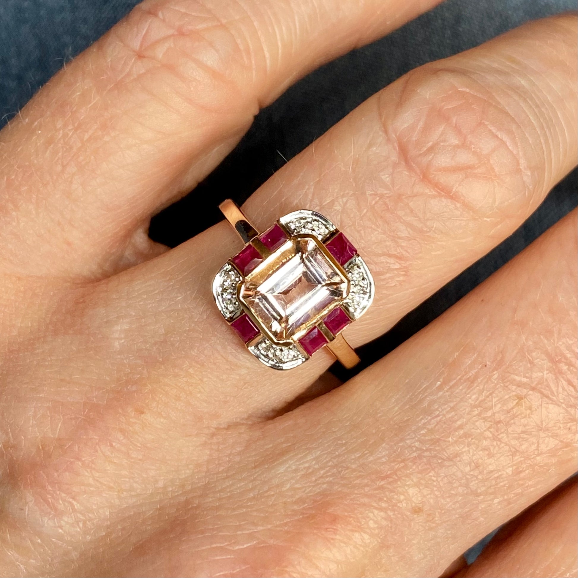 9ct Rose Gold Morganite, Ruby & Diamond Ring - John Ross Jewellers