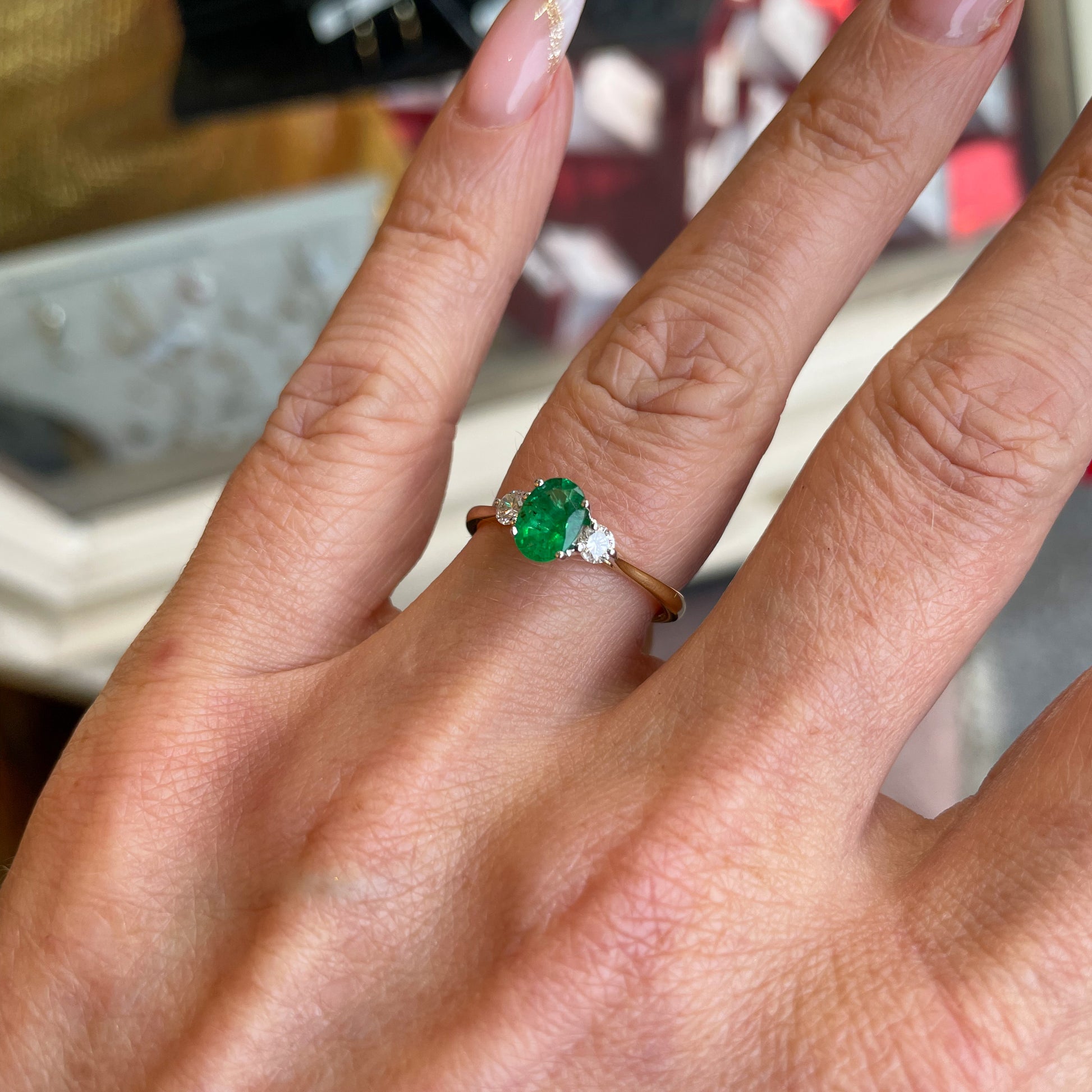 18ct Gold Emerald & Diamond Engagement Ring | 0.64ct + 0.23ct - John Ross Jewellers