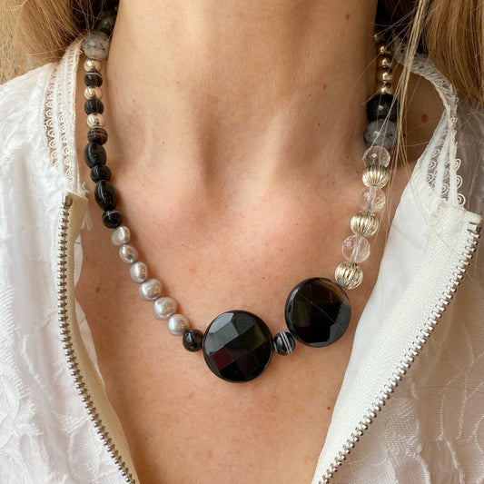 Silver Banded Agate & Freshwater Pearl Asymmetrical Statement Necklace - John Ross Jewellers