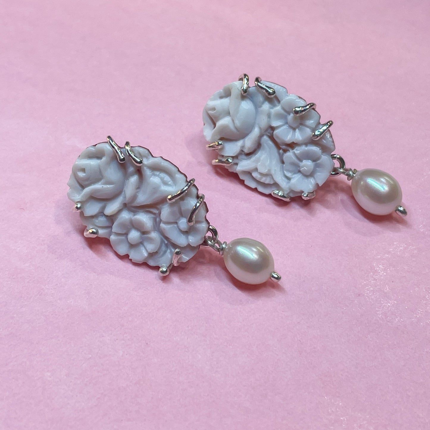 Floral Cameo & Pearl Drop Earrings - Small - John Ross Jewellers