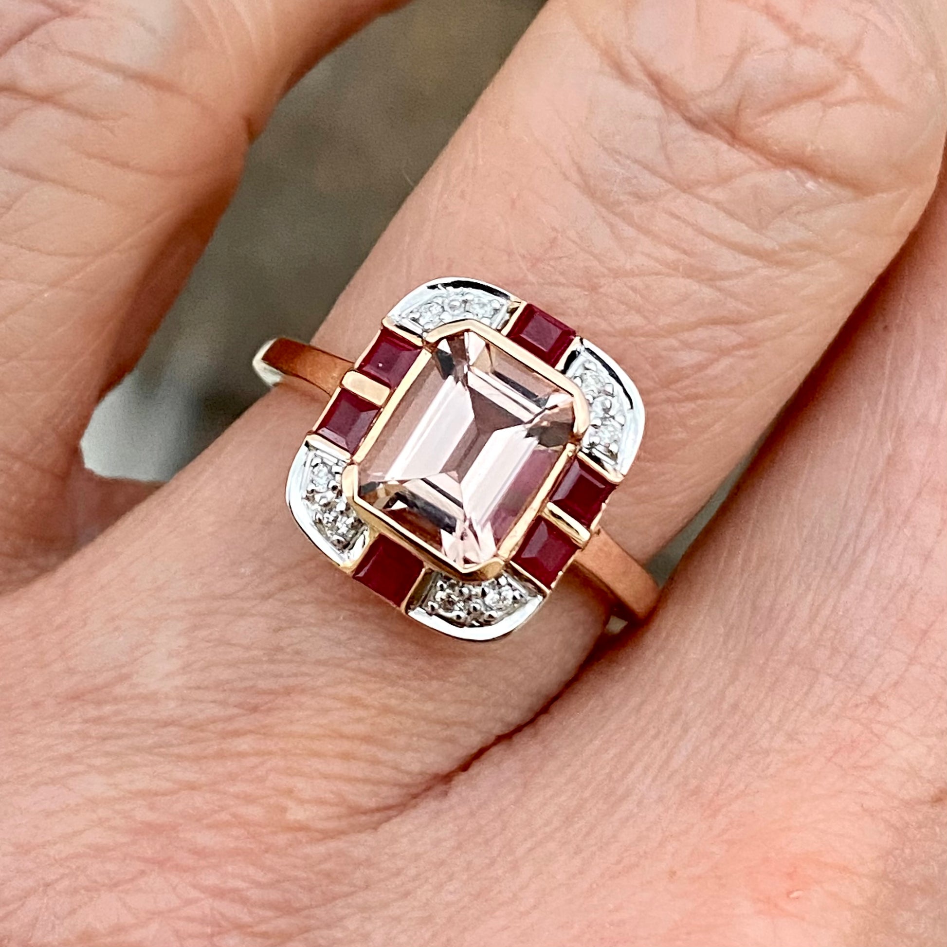 9ct Rose Gold Morganite, Ruby & Diamond Ring - John Ross Jewellers