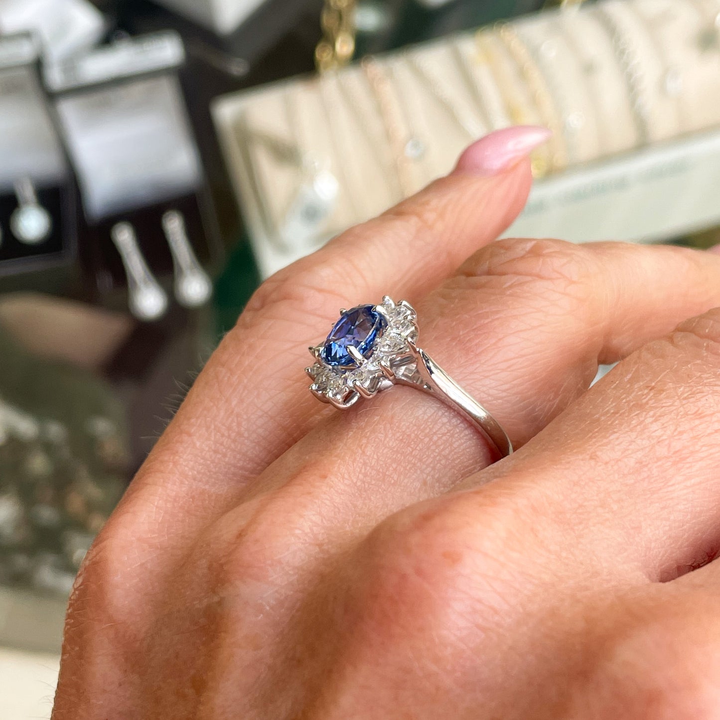 18ct White Gold Sapphire & Diamond Cluster Ring - John Ross Jewellers