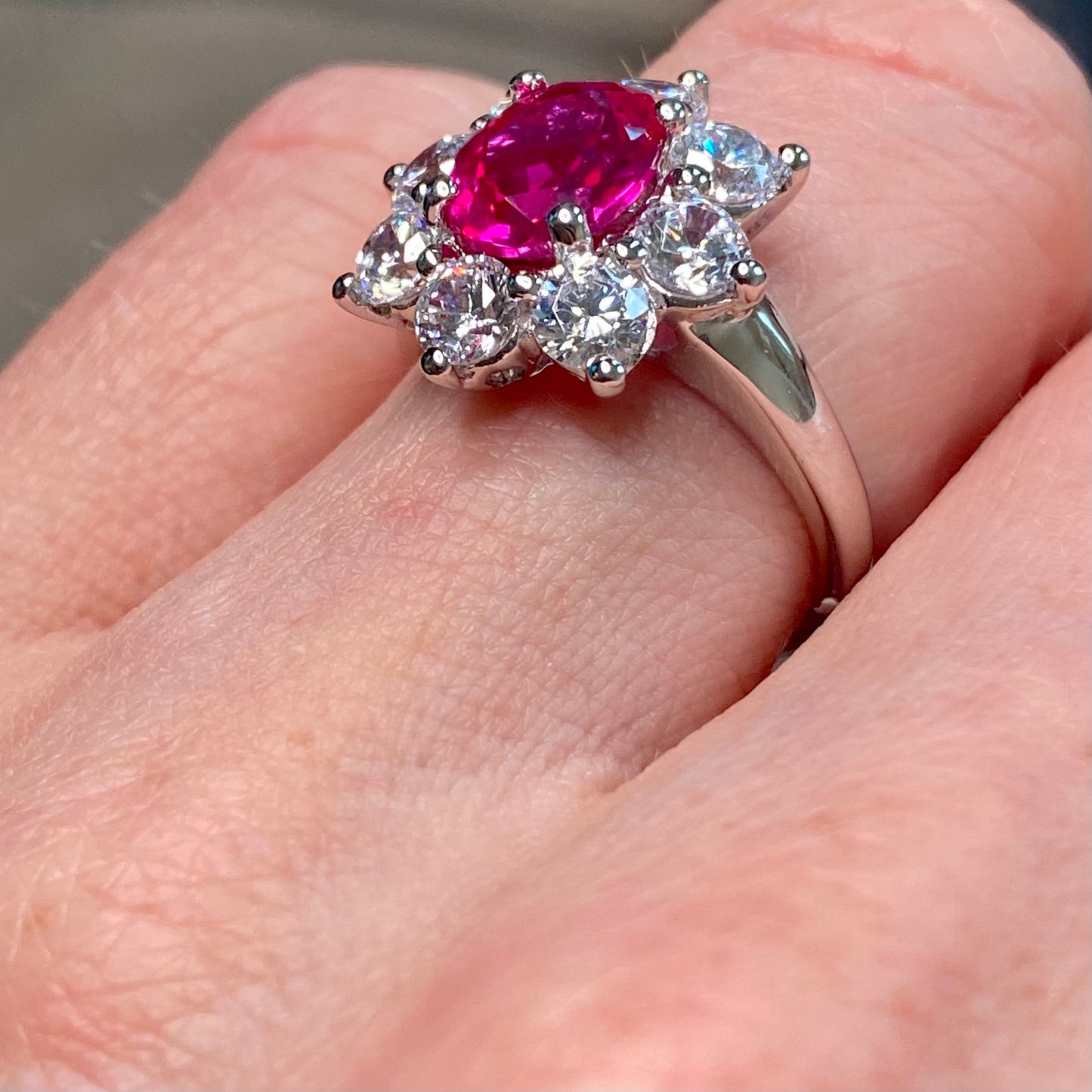 Silver Oval Red CZ Cluster Ring - John Ross Jewellers