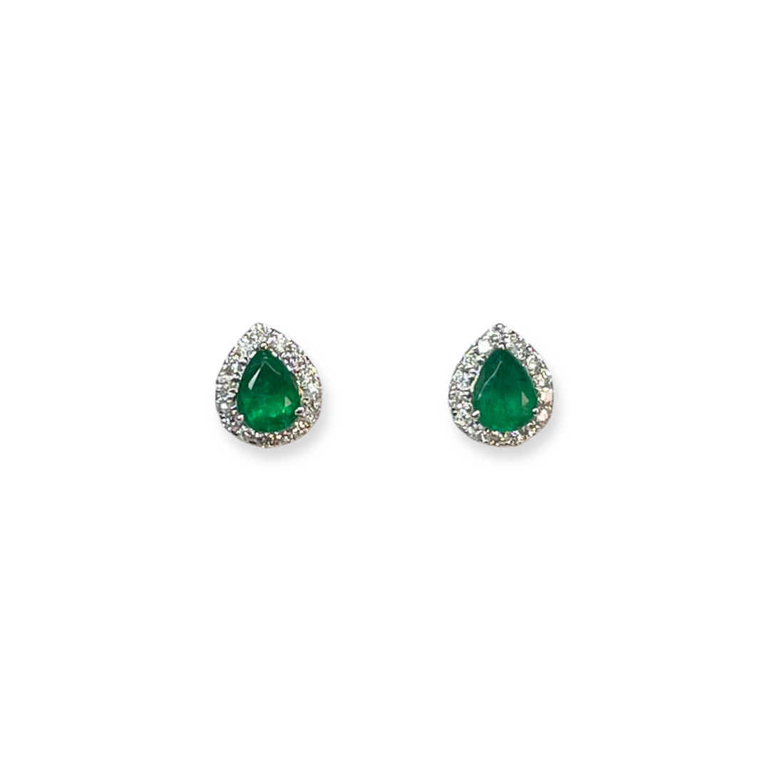 18ct White Gold Emerald & Diamond Pear Cluster Stud Earrings - John Ross Jewellers