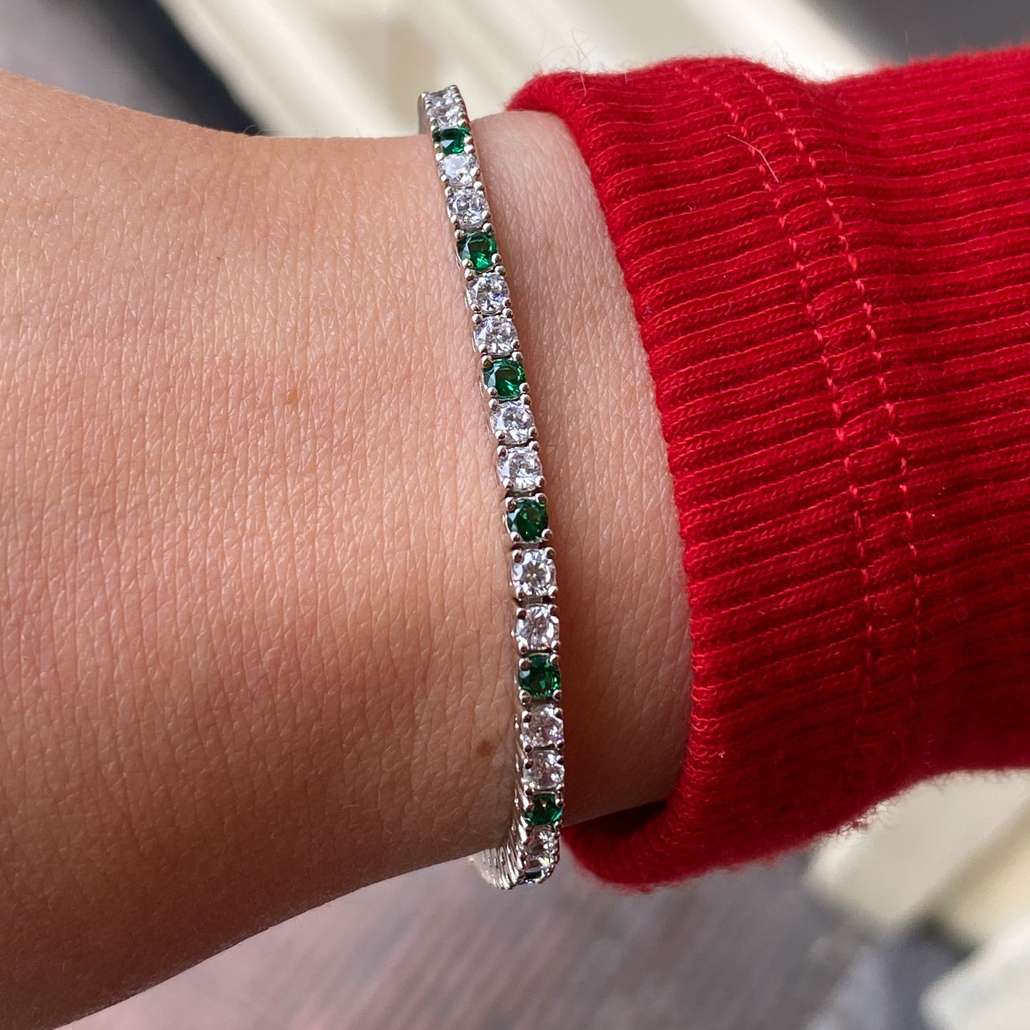 Silver Created Emerald & CZ Tennis Bracelet | 18.5cm - John Ross Jewellers