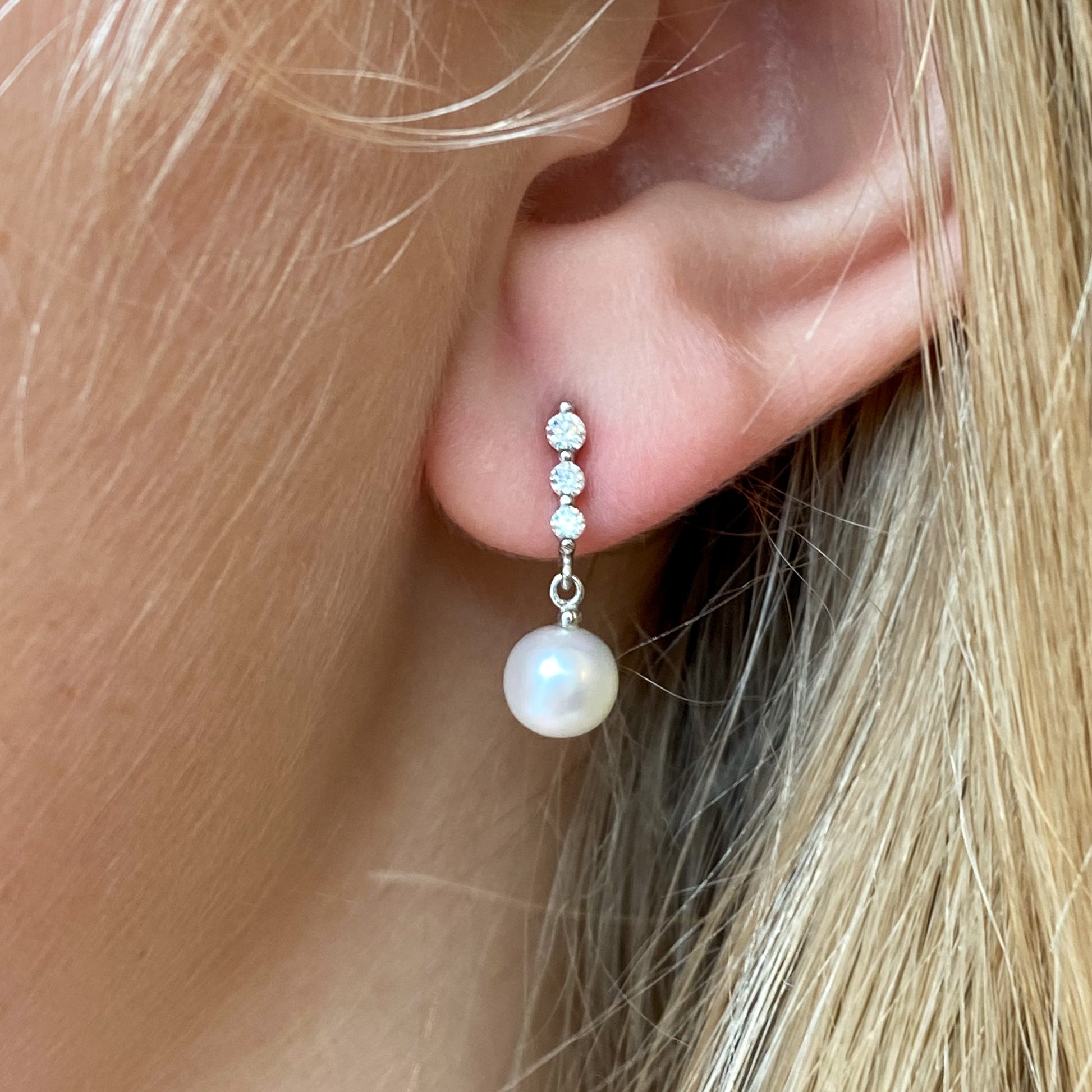 9ct White Gold Pearl & CZ Drop Earrings - John Ross Jewellers