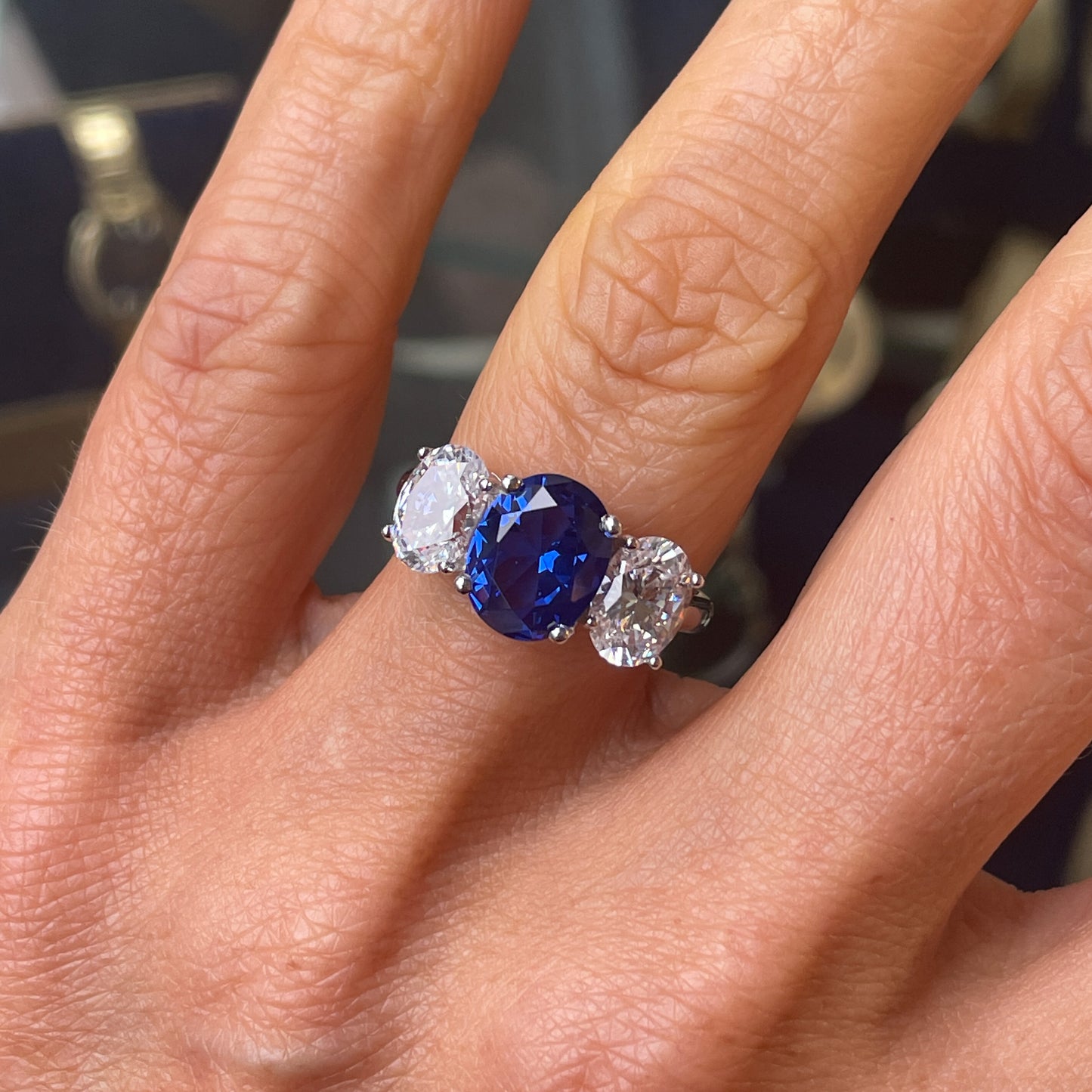 Silver Created Sapphire CZ Trilogy Ring - John Ross Jewellers