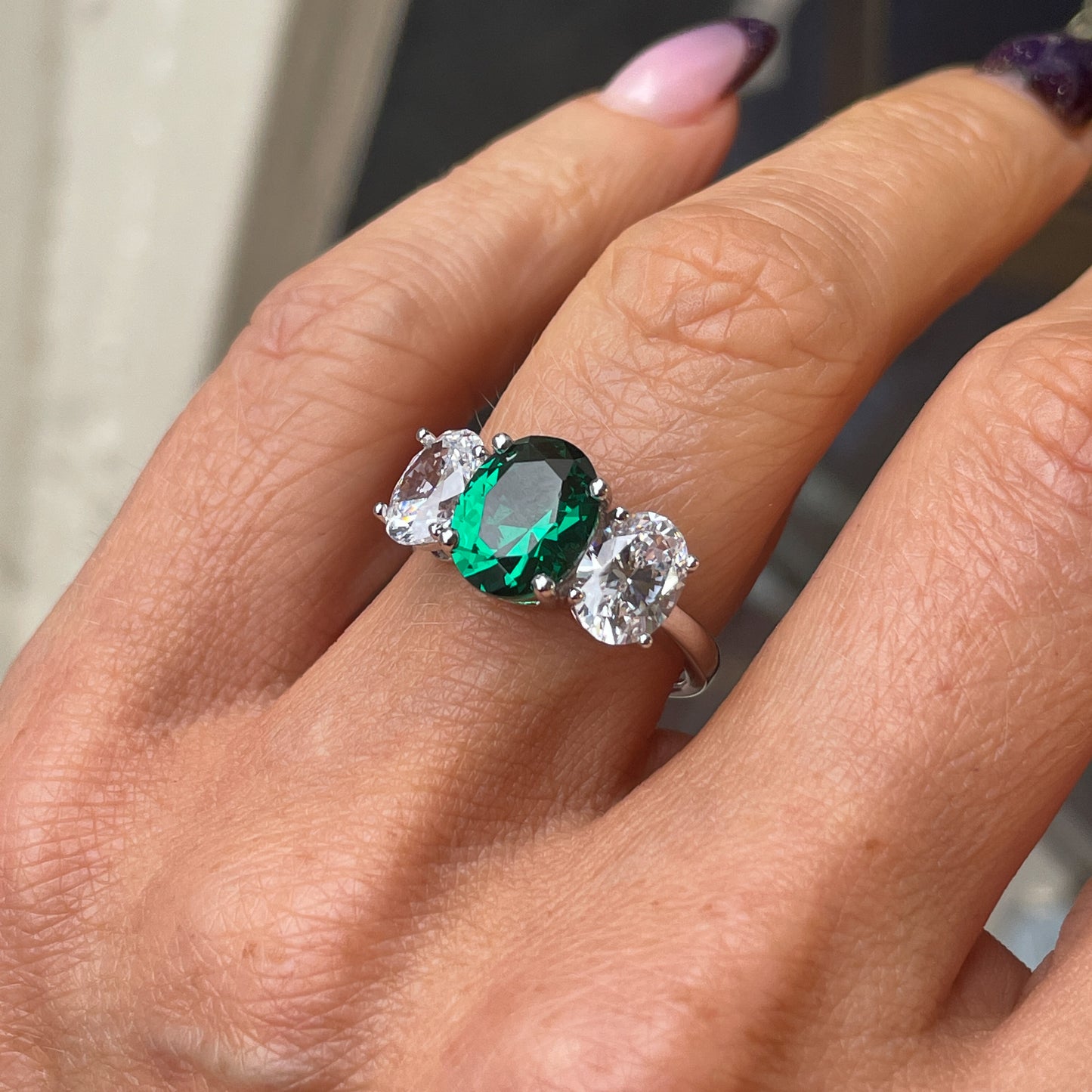 Silver Created Emerald CZ Trilogy Ring - John Ross Jewellers