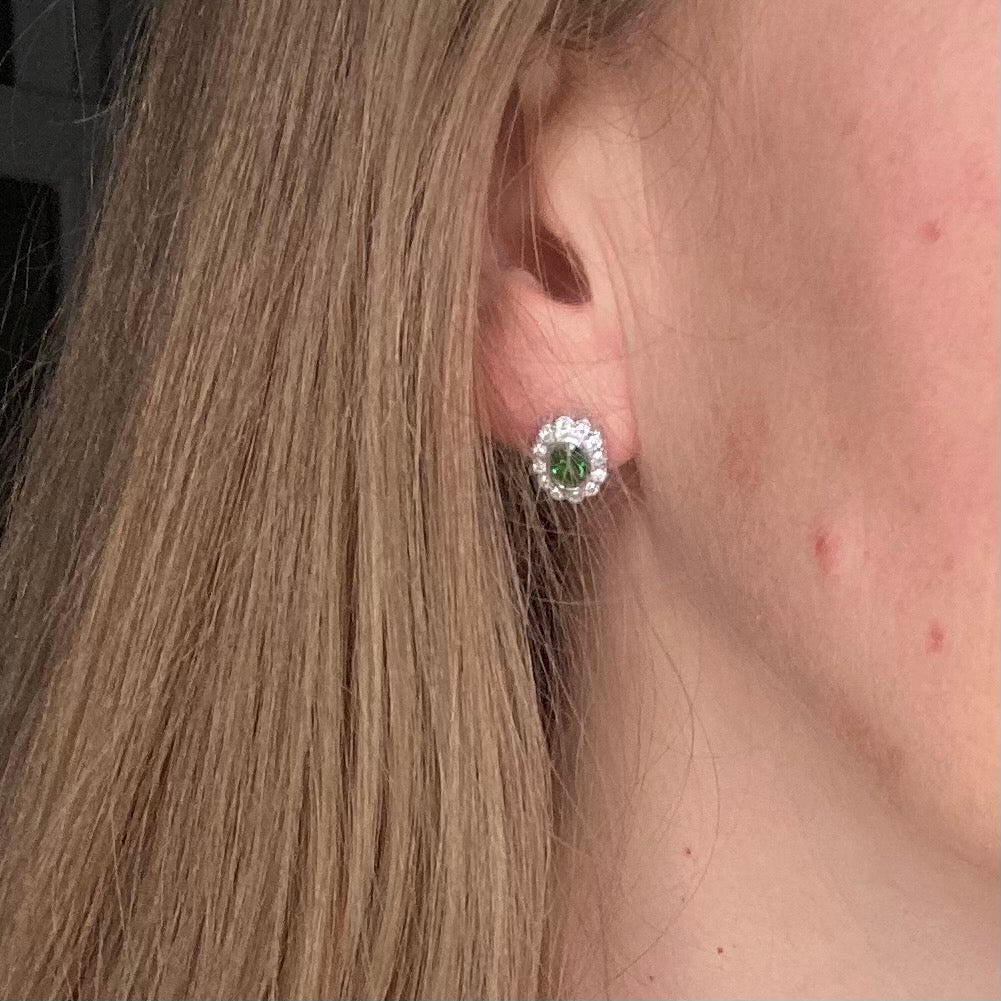 Silver Created Emerald CZ Vintage Oval Stud Earrings - John Ross Jewellers