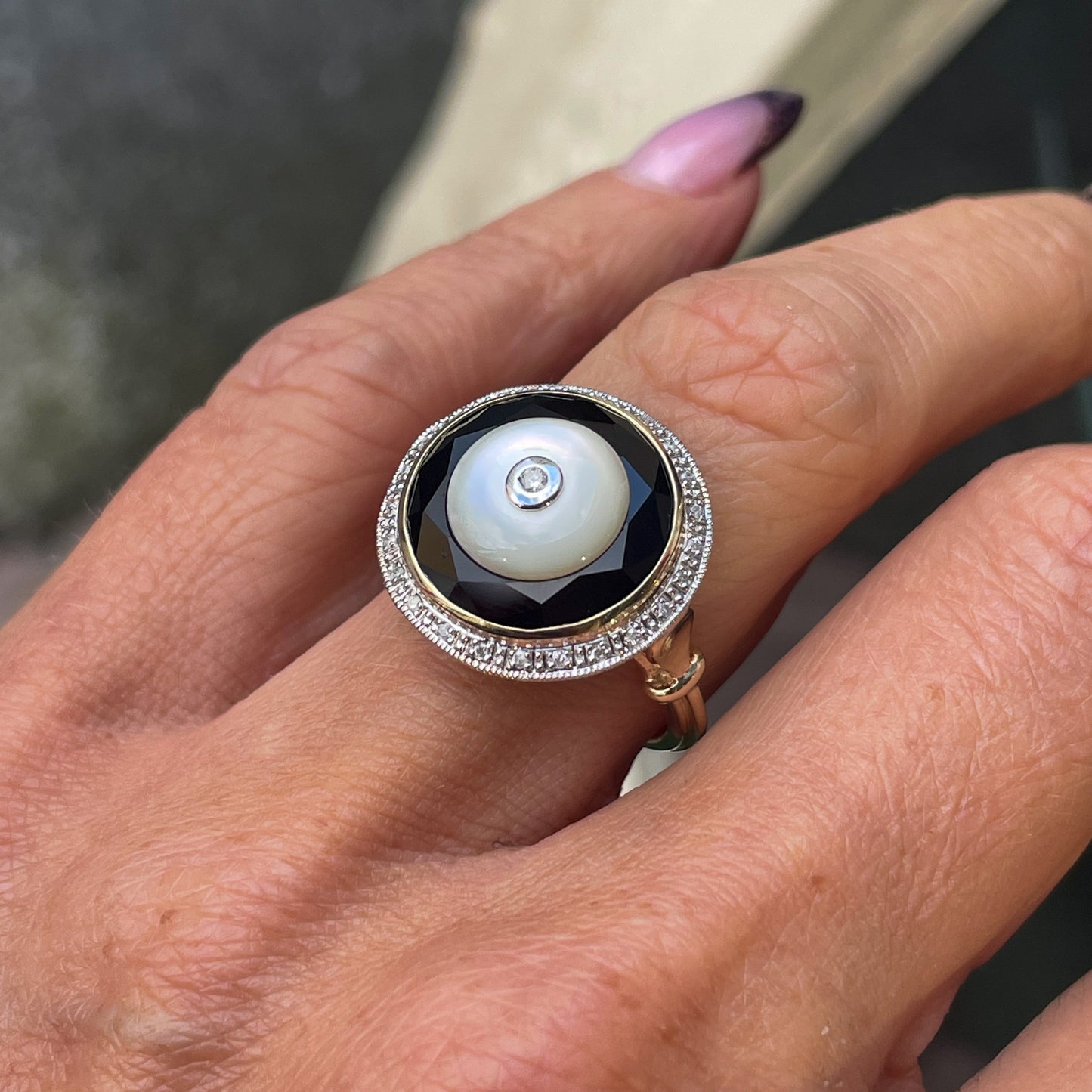 9ct Gold Mother of Pearl, Onyx & Diamond Ring - John Ross Jewellers