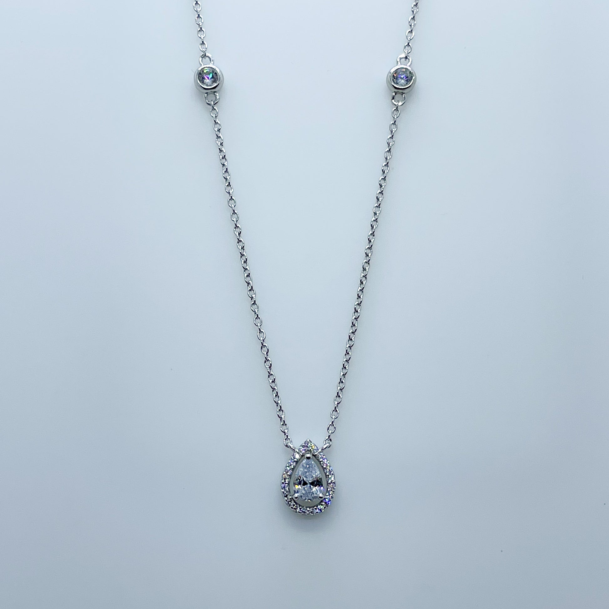 Silver Pear CZ Halo Necklace - John Ross Jewellers