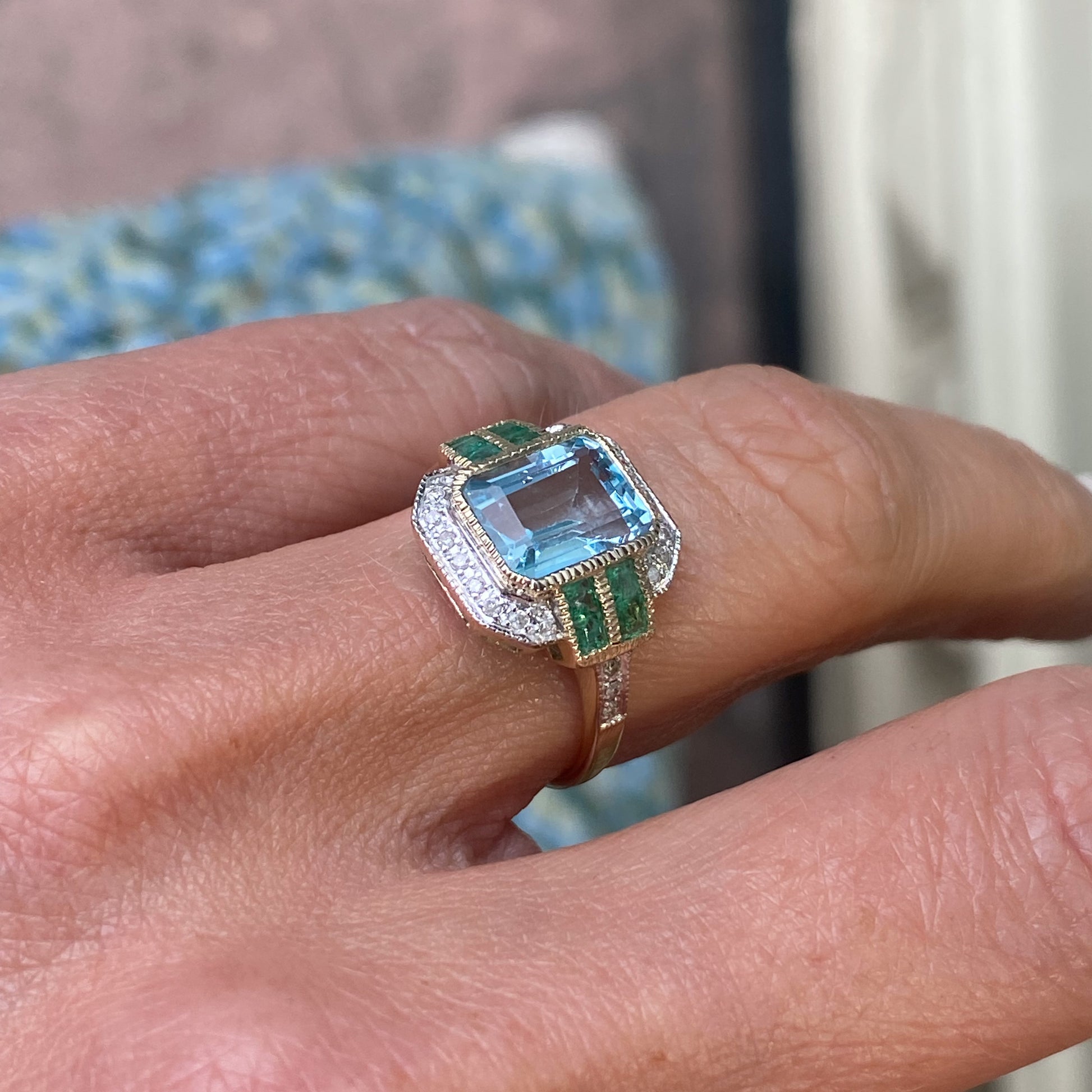 9ct Gold Blue Topaz, Emerald & Diamond Ring - John Ross Jewellers