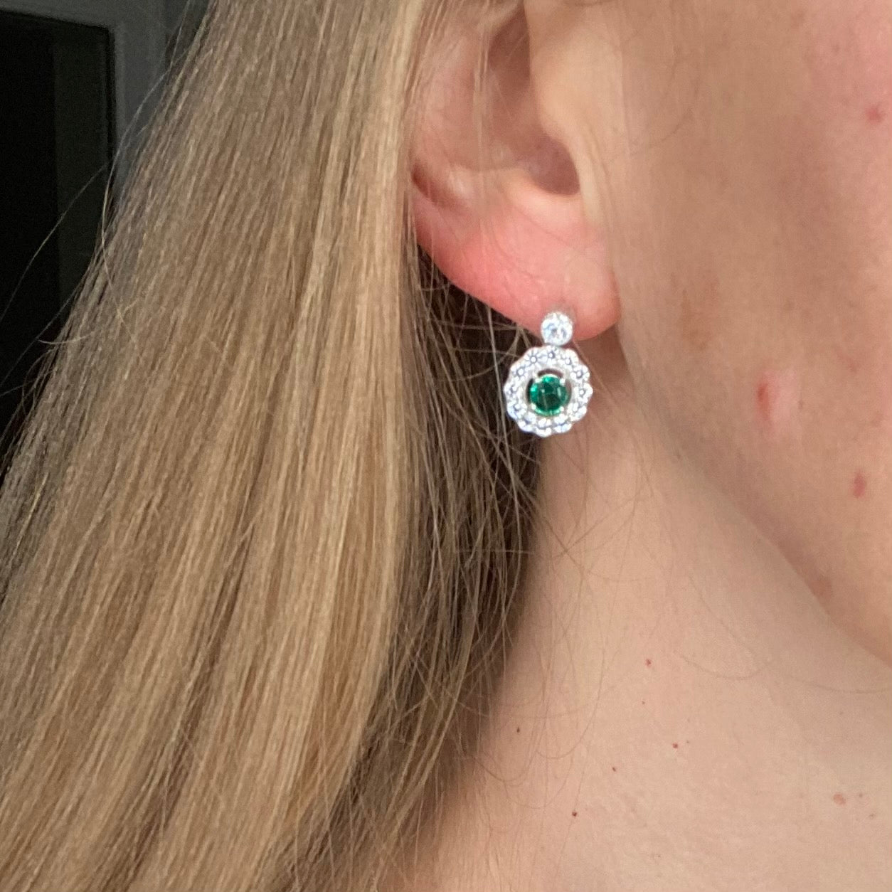 Silver Created Emerald CZ Halo Drop Earrings - John Ross Jewellers