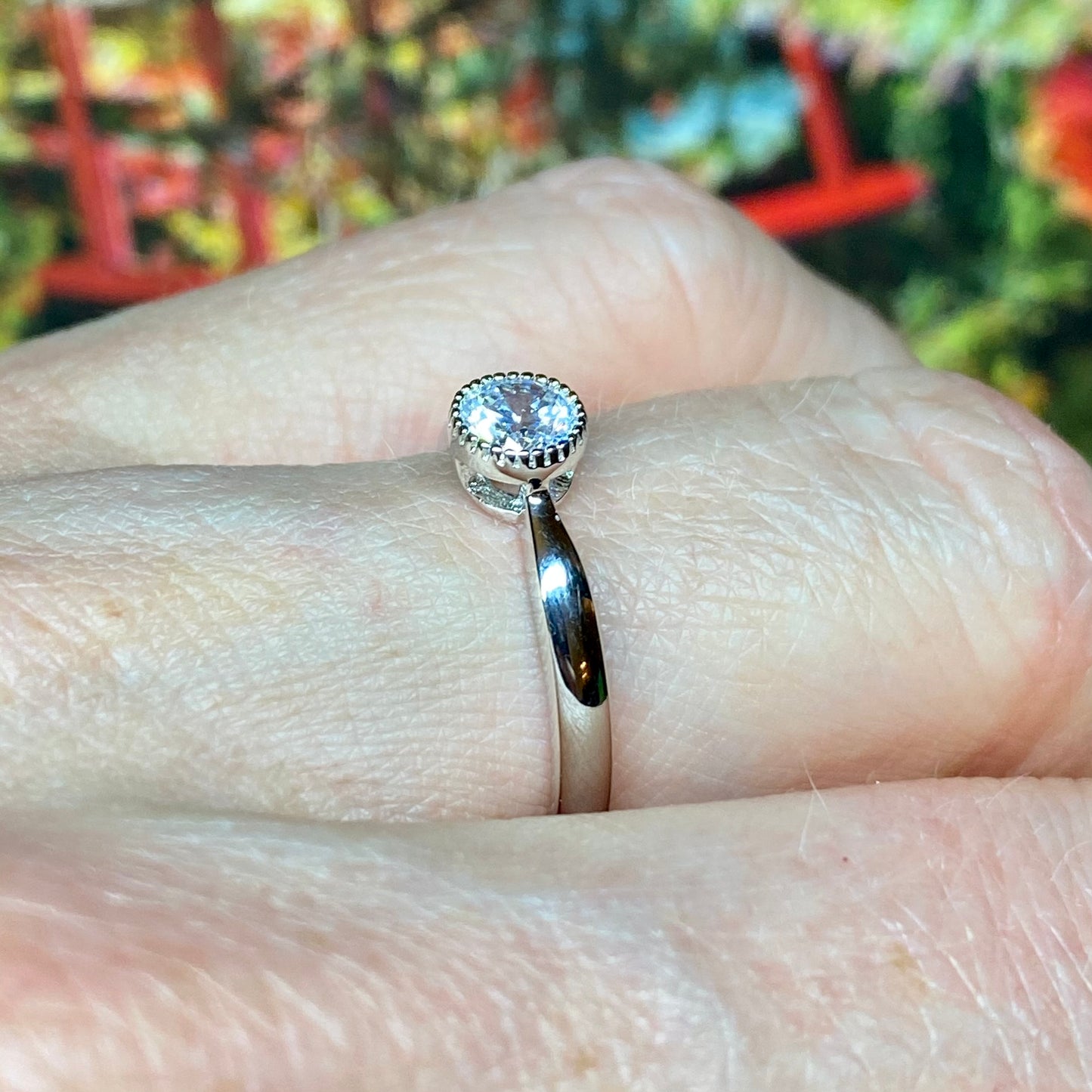 Silver CZ Solitaire Ring with Millgrain Setting - John Ross Jewellers