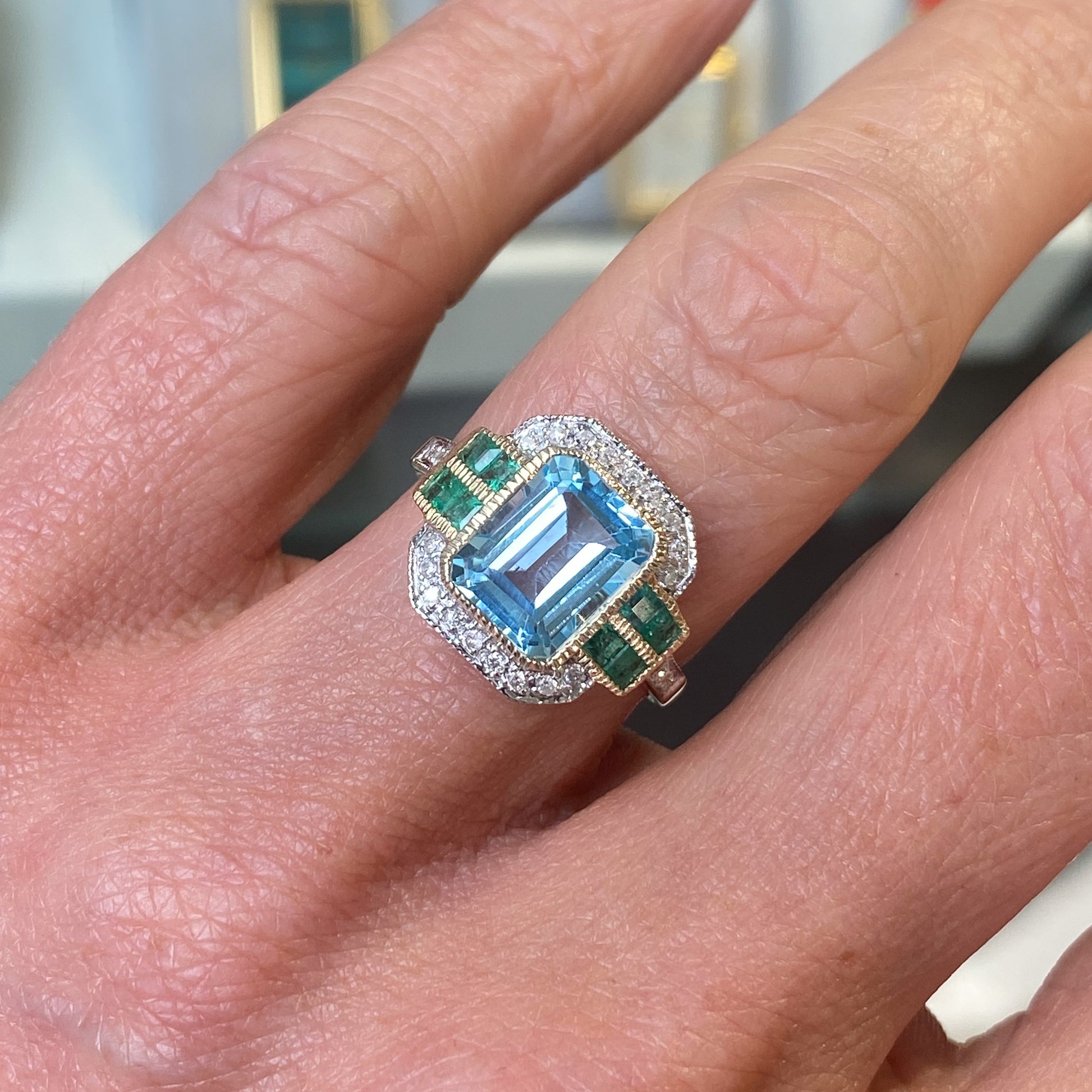 9ct Gold Blue Topaz, Emerald & Diamond Ring - John Ross Jewellers