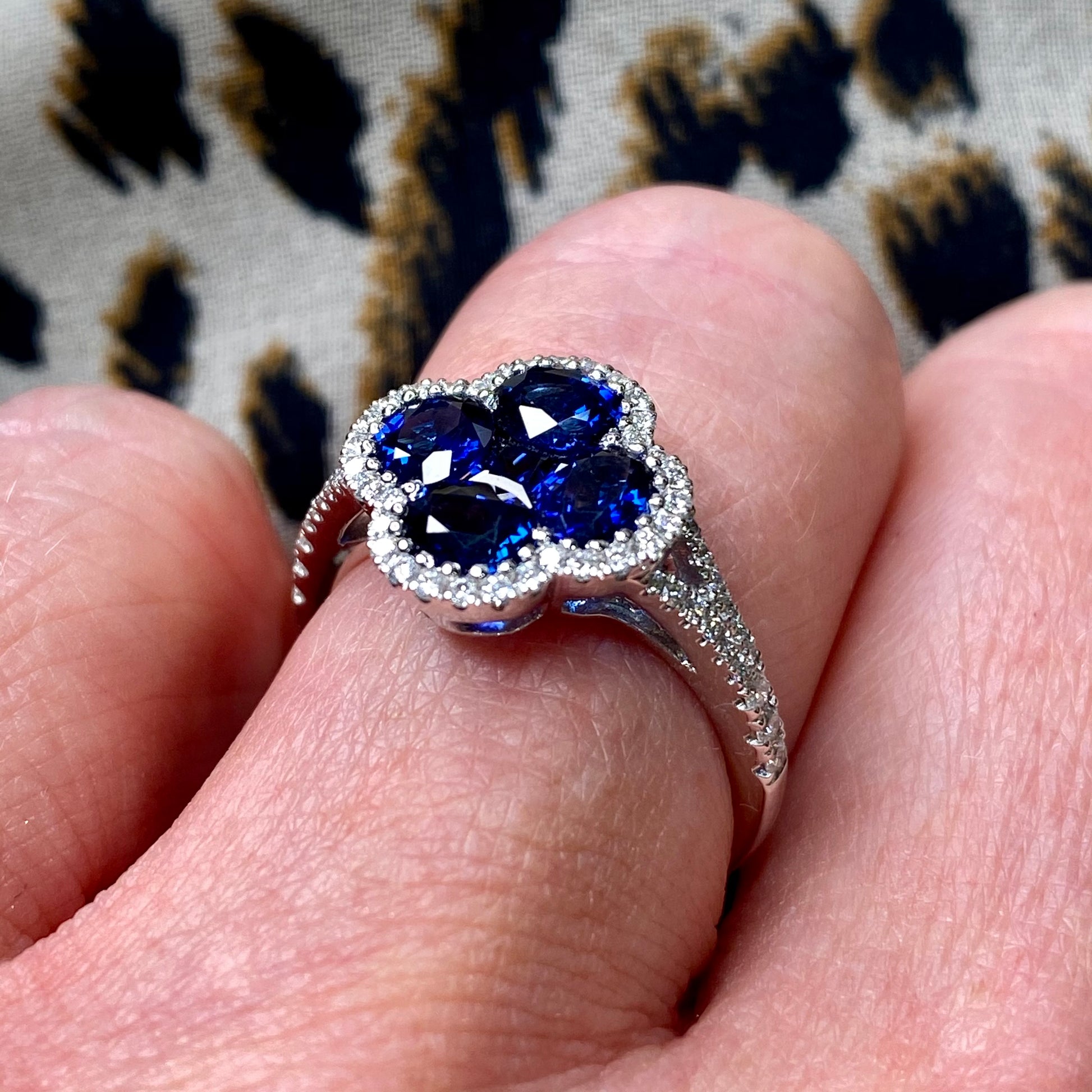 18ct White Gold Quatrefoil Sapphire & Diamond Ring - John Ross Jewellers