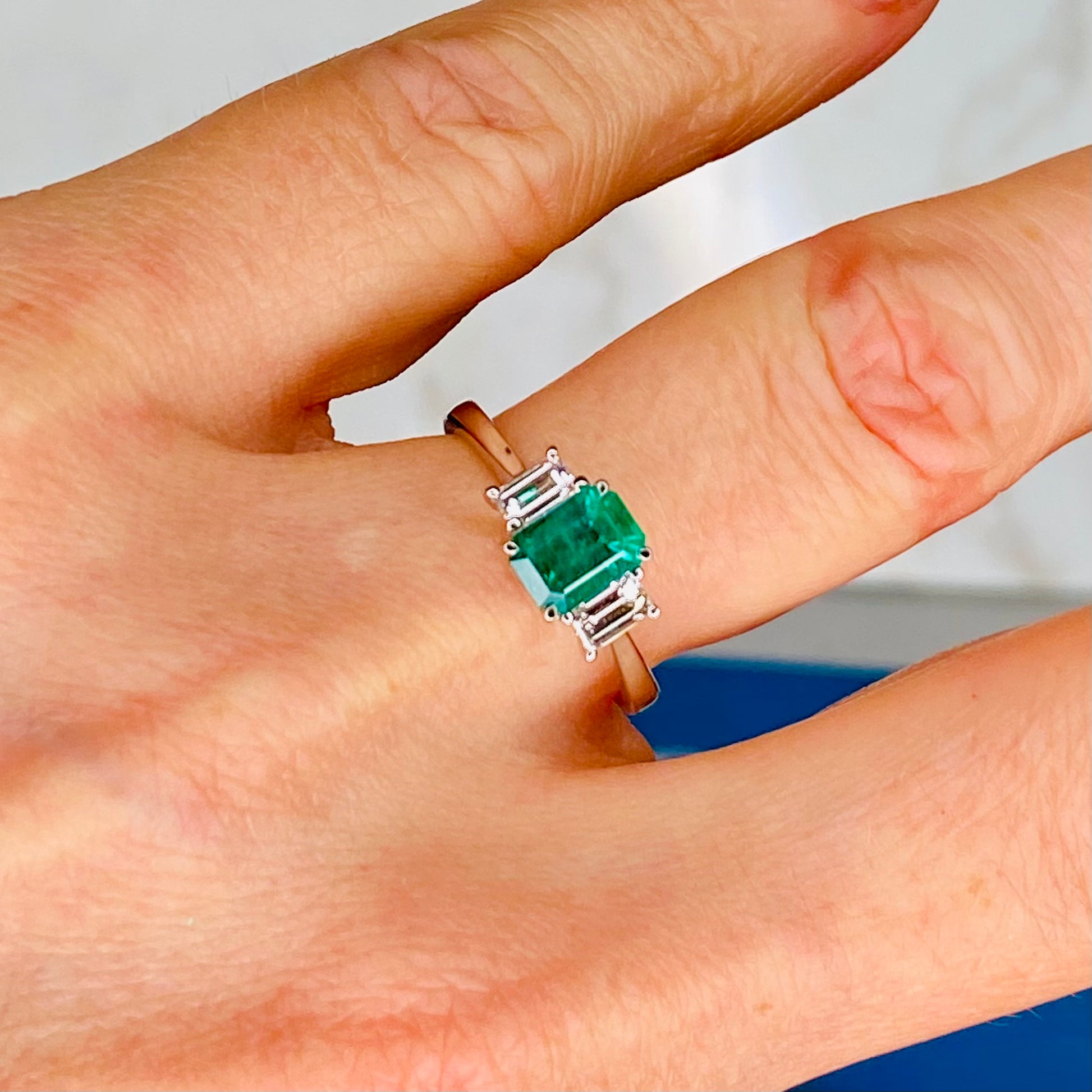 18ct White Gold Emerald & Diamond Trilogy Ring - John Ross Jewellers
