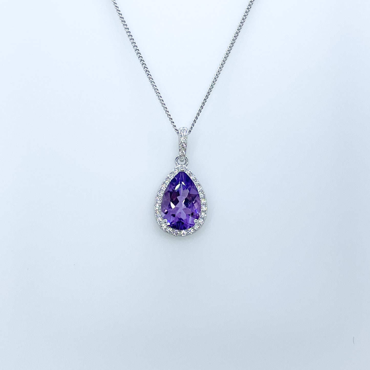 Silver Amethyst Pear Halo Necklace - John Ross Jewellers