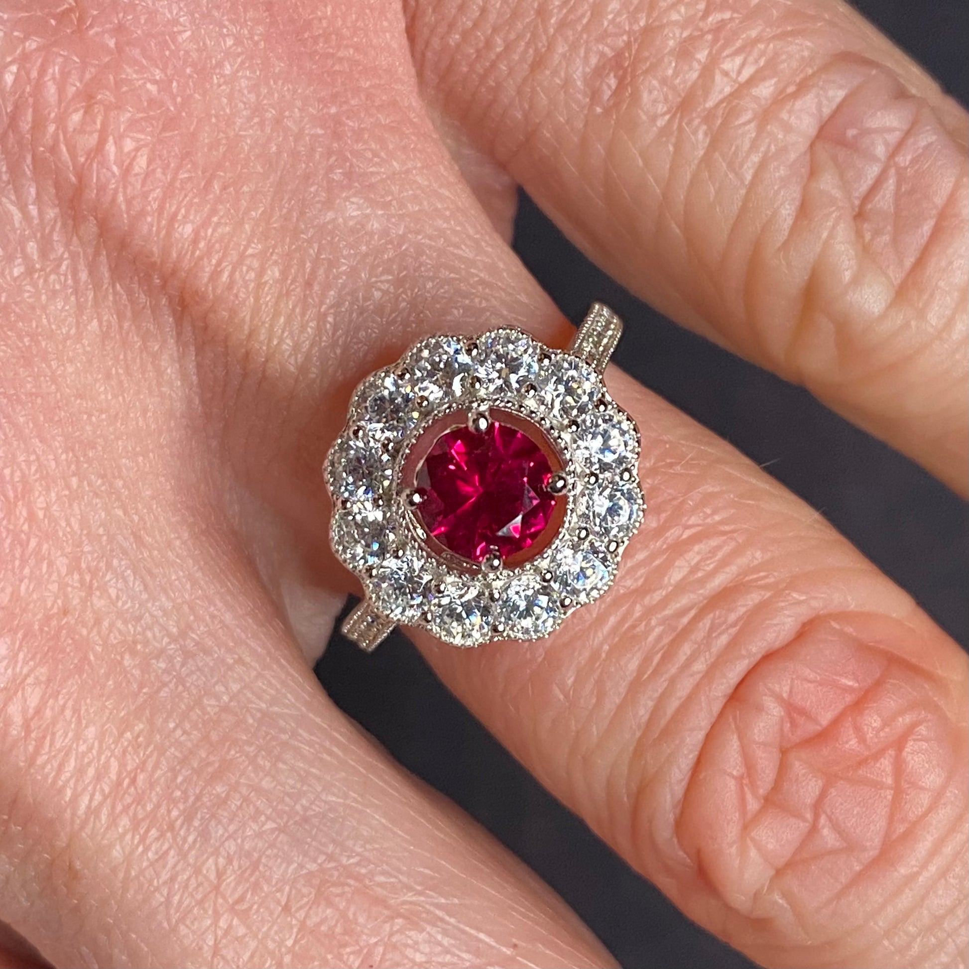Silver Created Ruby CZ Halo Ring - John Ross Jewellers