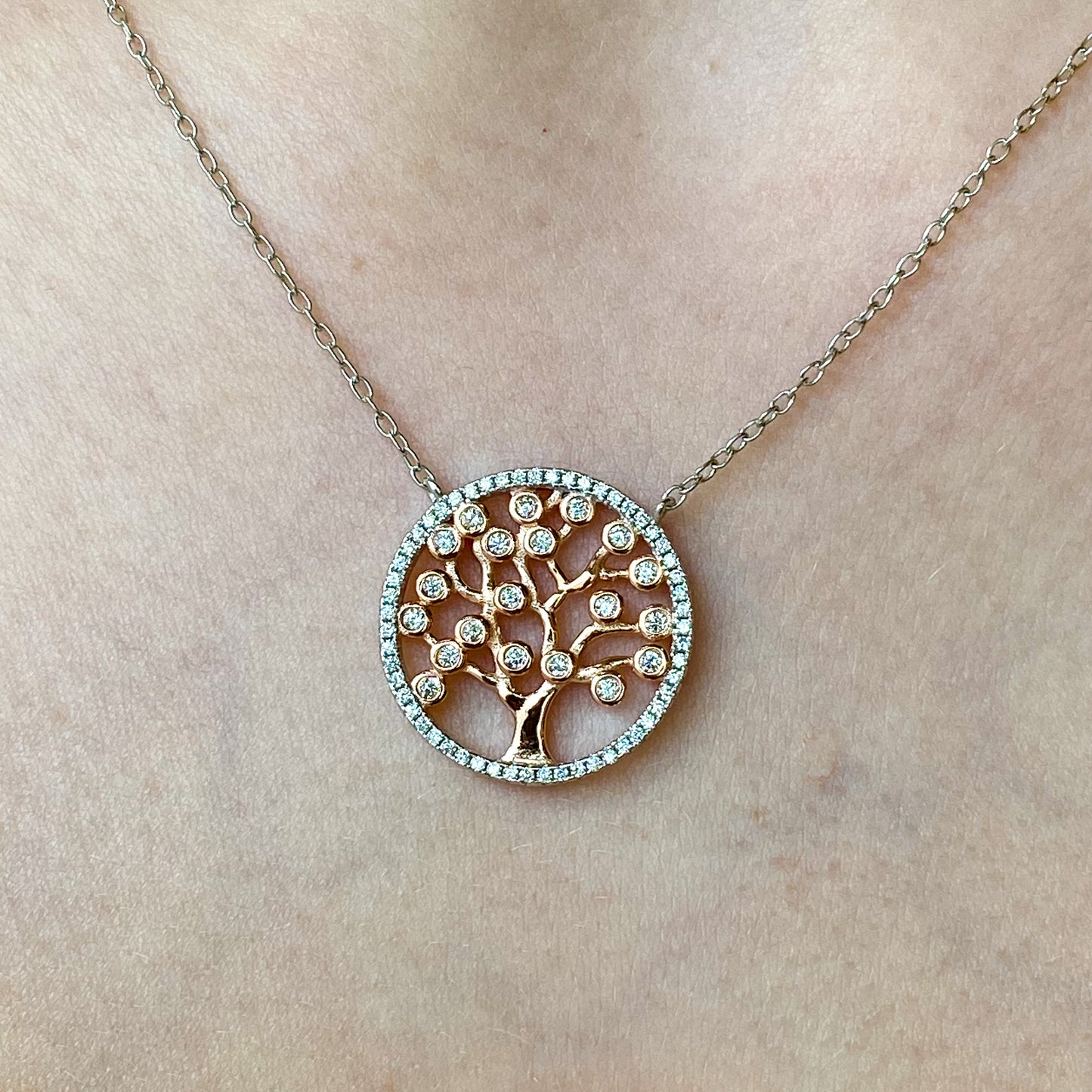 Silver & Rose Silver CZ Tree Of Life Necklace - John Ross Jewellers