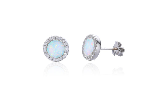 Silver Round Opalique & CZ Halo Stud Earrings - John Ross Jewellers