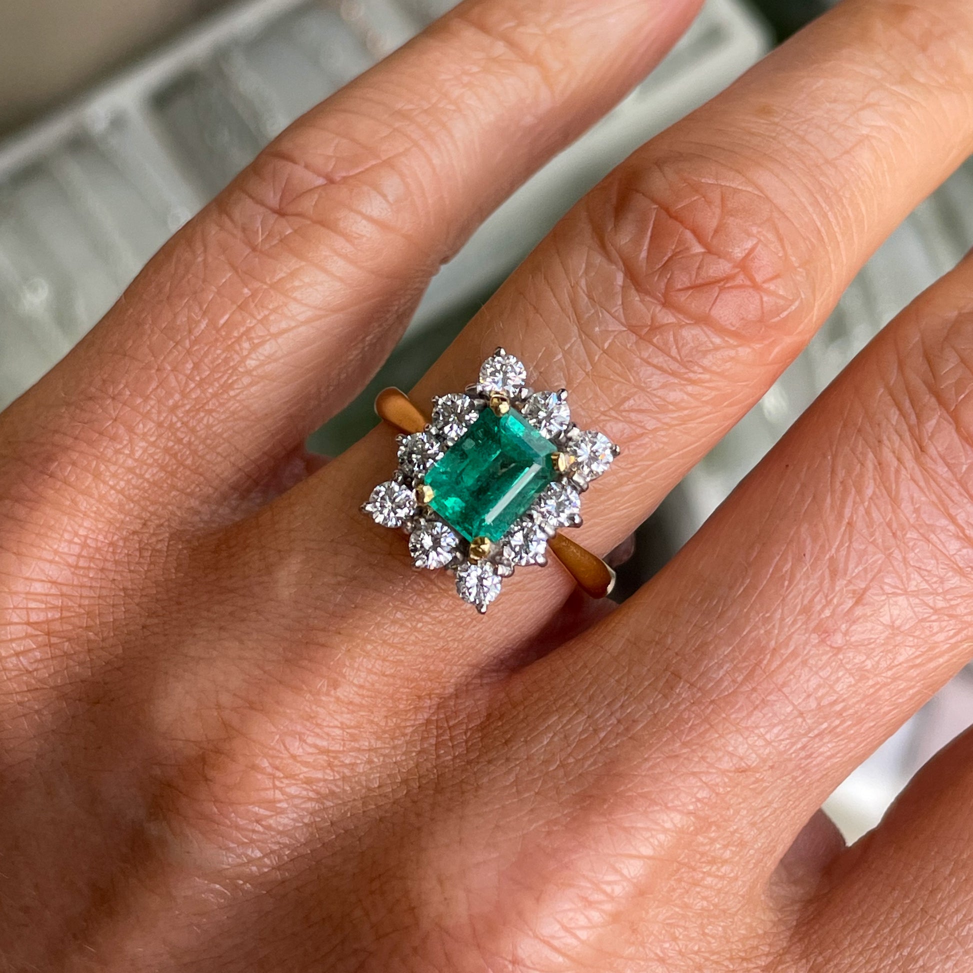18ct Gold Emerald & Diamond Ring | Emerald Cut Cluster - John Ross Jewellers