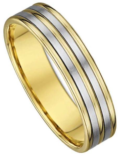 18ct Yellow & White Gold 5mm Wedding Ring | Three Lines - John Ross Jewellers