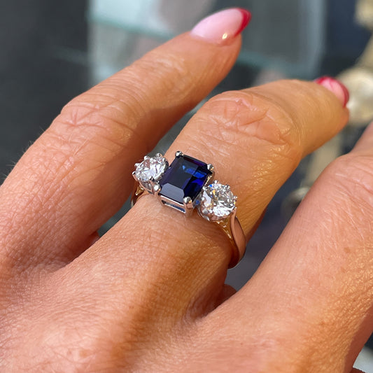 9ct Gold Synthetic Sapphire & CZ Trilogy Ring - John Ross Jewellers