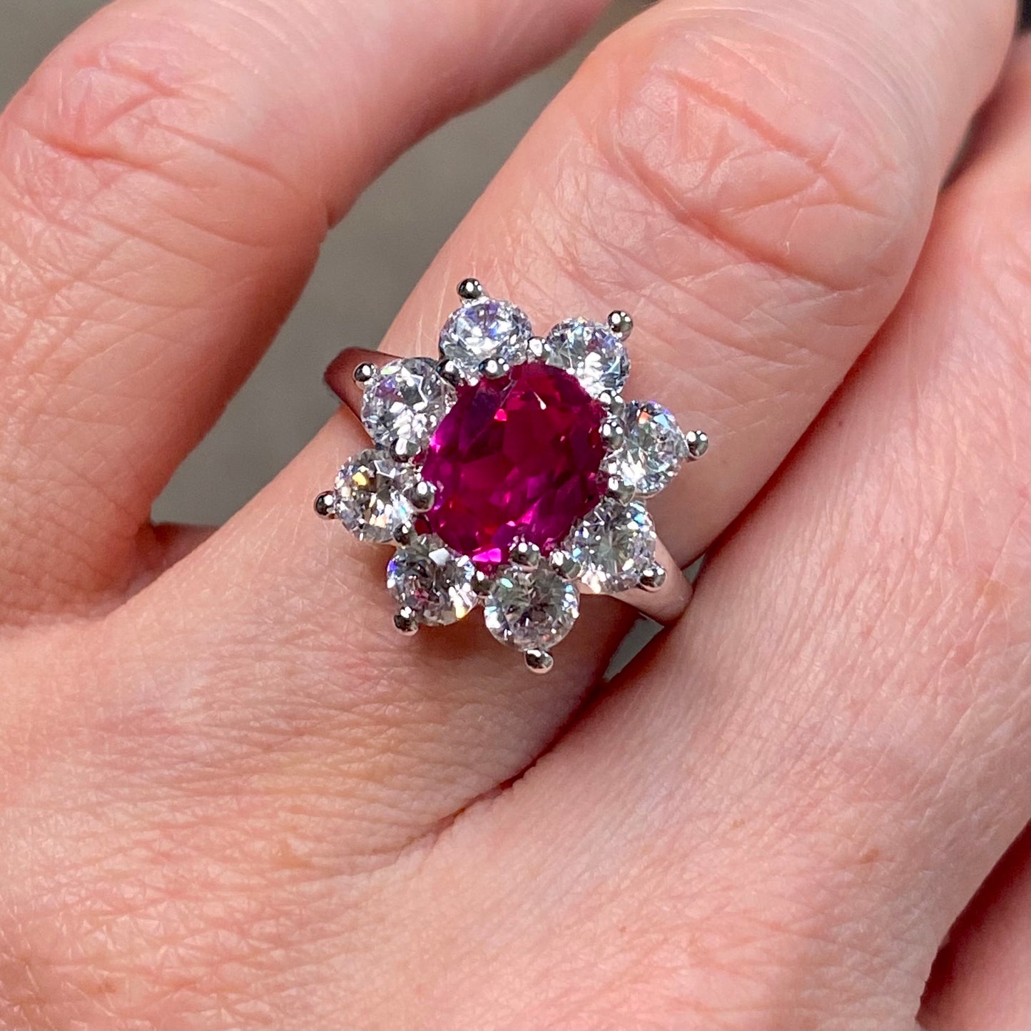 Silver Oval Red CZ Cluster Ring - John Ross Jewellers