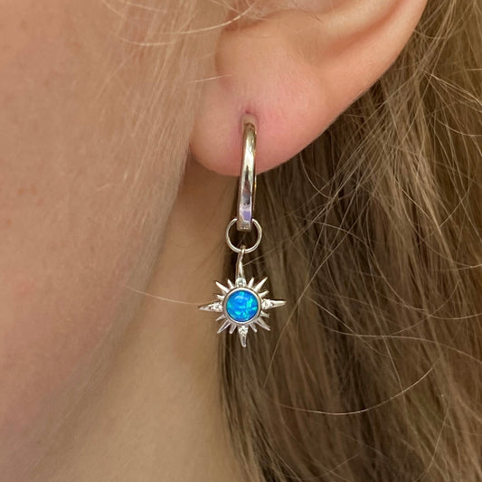 Silver Blue Opalique Star Charm Hoop Earrings - John Ross Jewellers