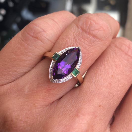 9ct Yellow Gold Amethyst, Emerald & Diamond Ring - John Ross Jewellers