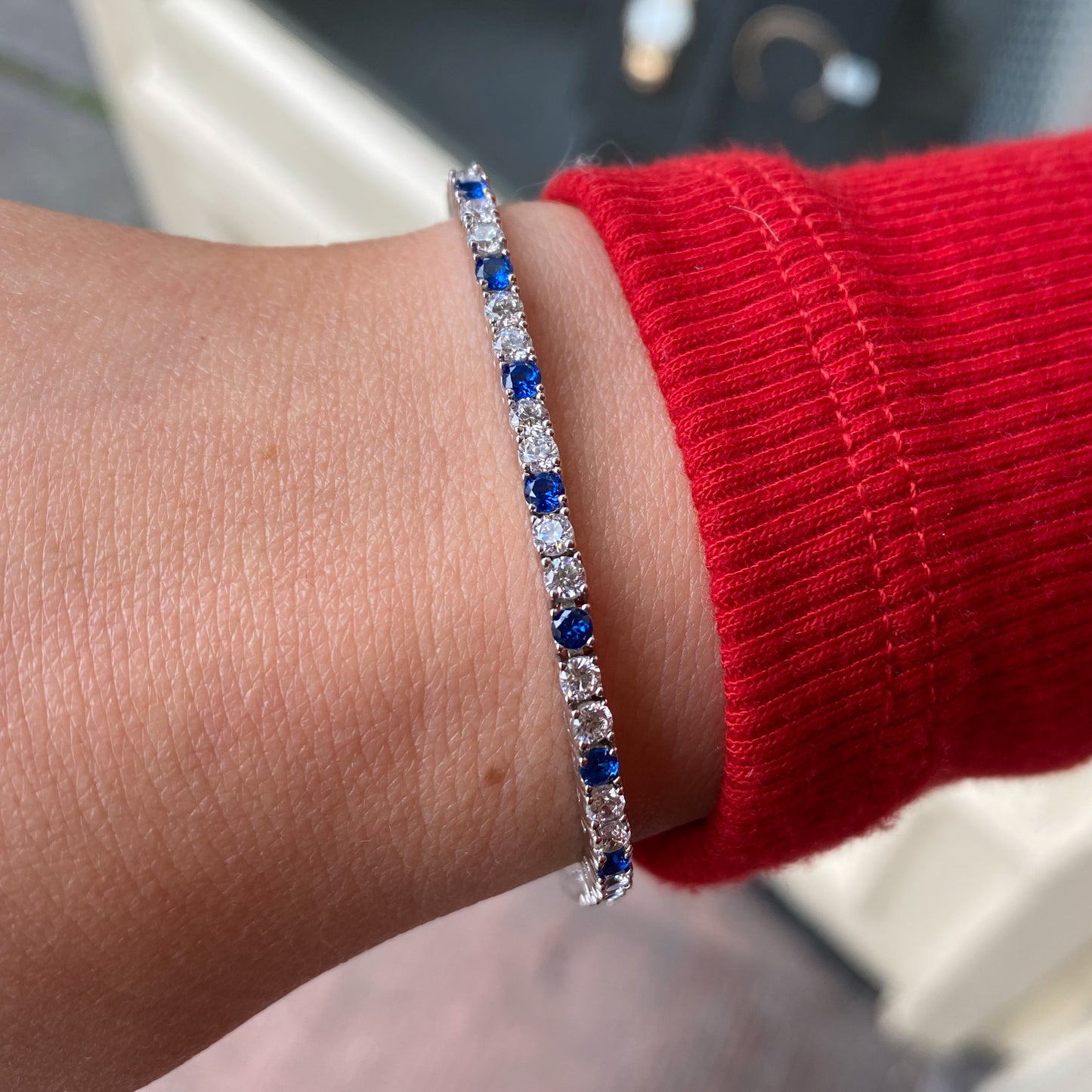 Silver Created Sapphire & CZ Tennis Bracelet | 18.5cm - John Ross Jewellers