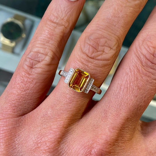 9ct Gold Deco Style Citrine & Diamond Ring - John Ross Jewellers