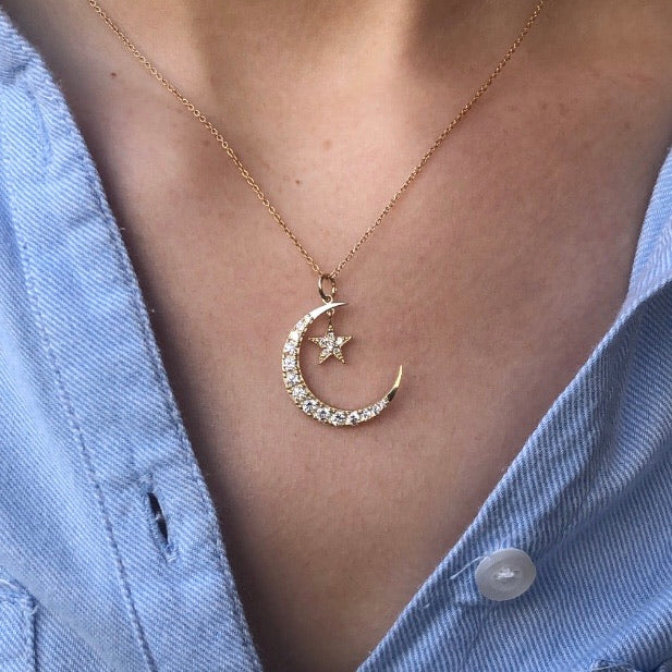 9ct Gold Crescent Moon and Star Pendant - John Ross Jewellers