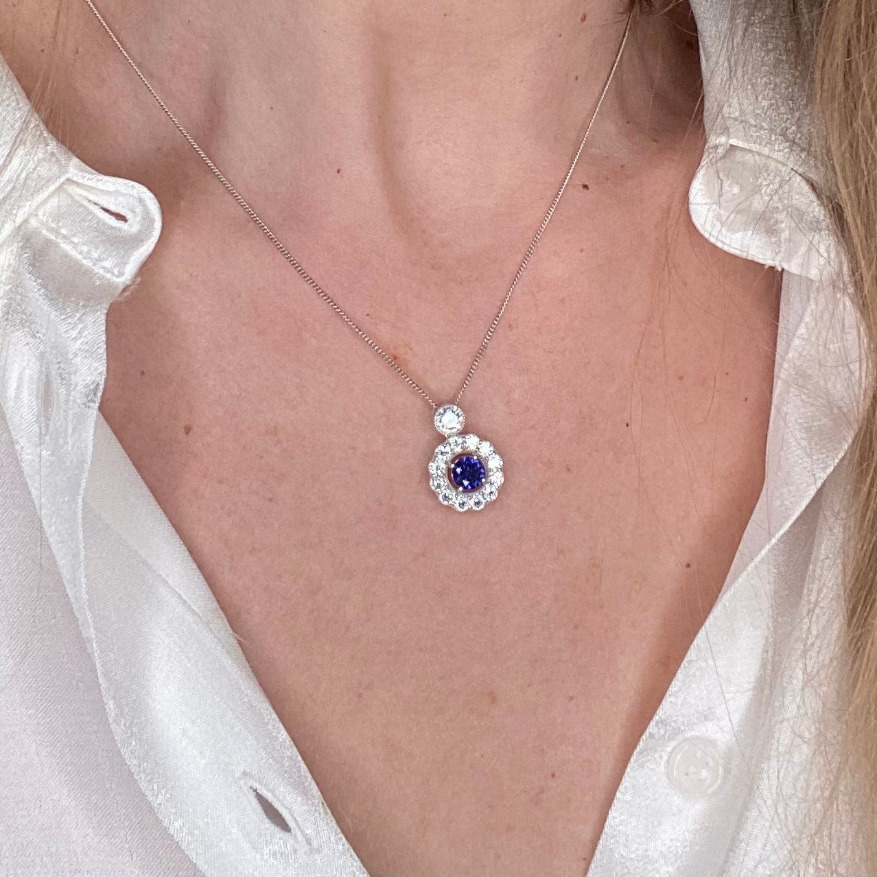 Silver Created Sapphire CZ Halo Necklace - John Ross Jewellers