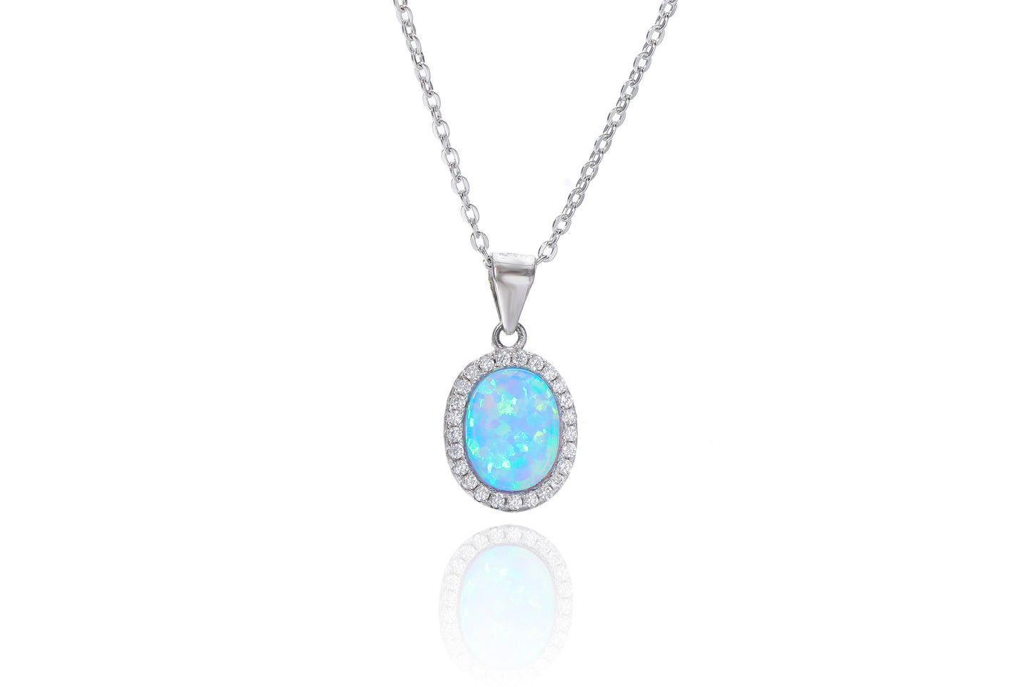 Silver Oval Blue Opalique & CZ Halo Necklace - John Ross Jewellers