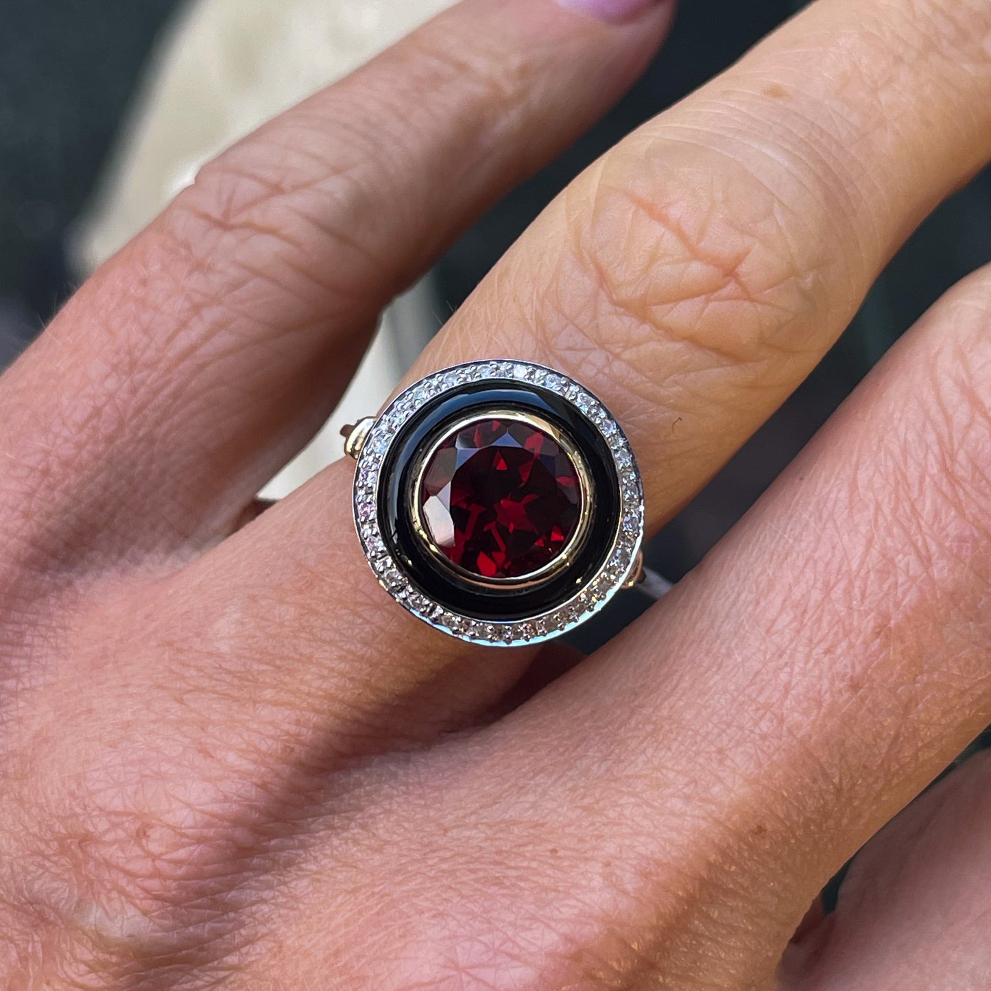 9ct Gold Garnet, Onyx & Diamond Ring - John Ross Jewellers