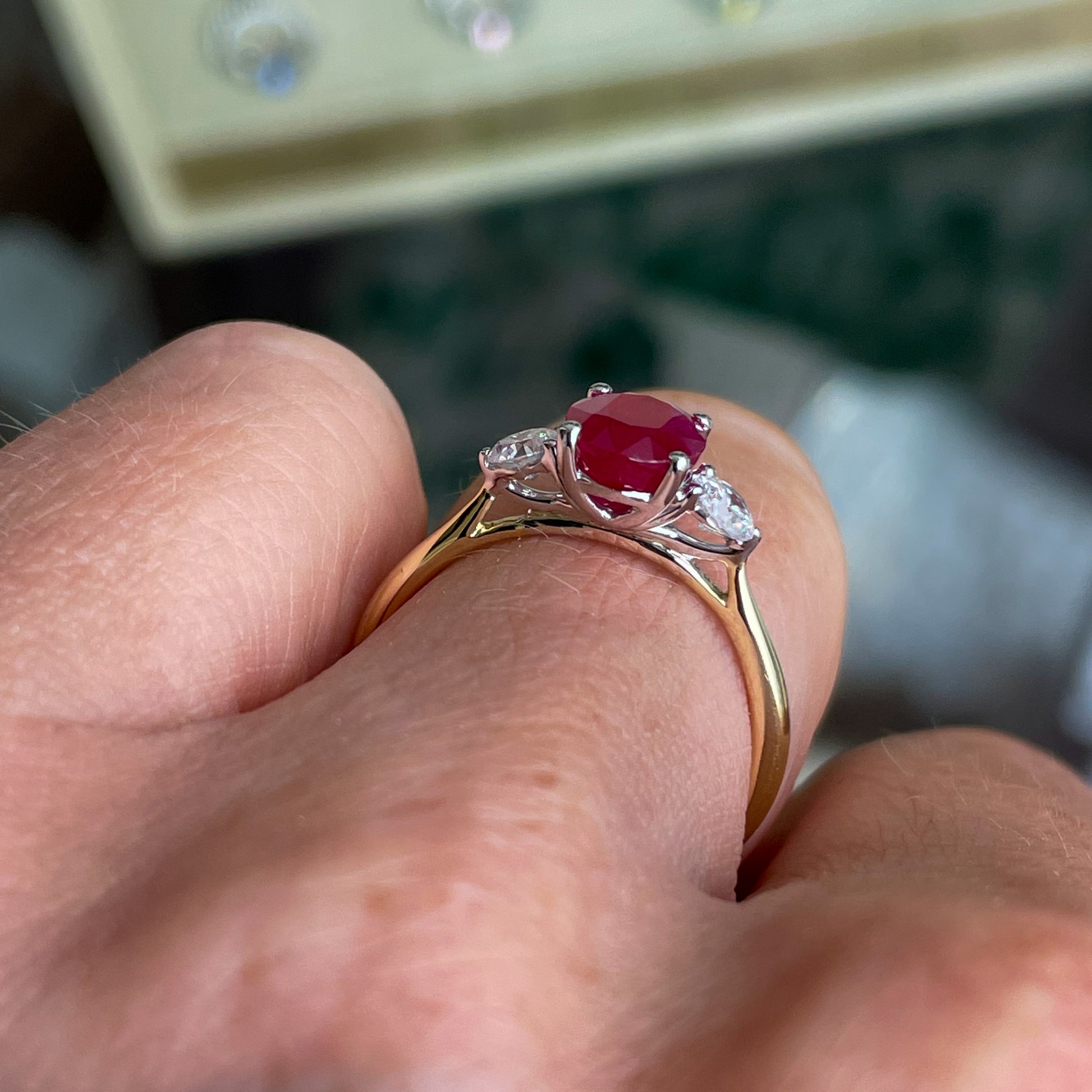 18ct Gold Ruby & Diamond Trilogy Ring - John Ross Jewellers