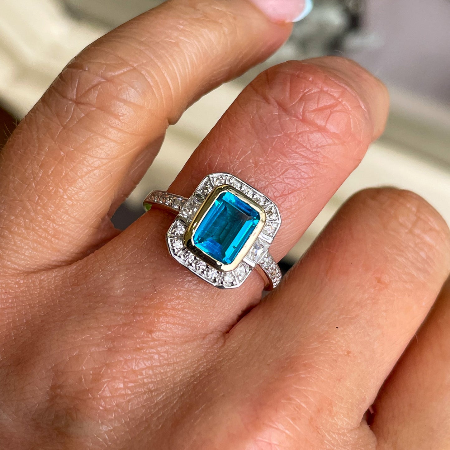 9ct Gold Blue Topaz & CZ Vintage Style Ring - John Ross Jewellers