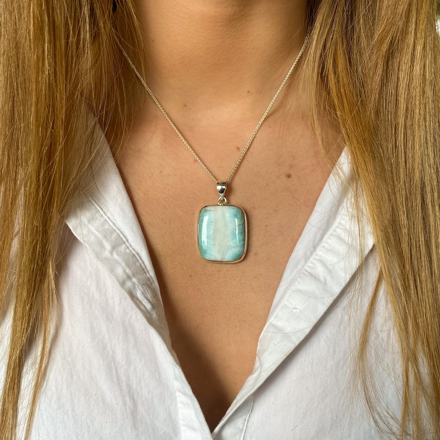 Silver Rectangular Larimar Pendant Necklace - John Ross Jewellers