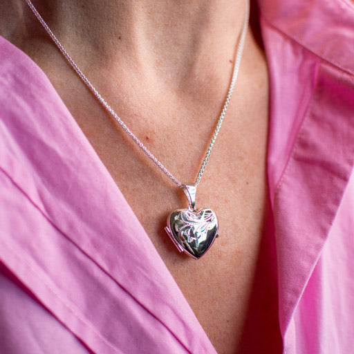 Silver Engraved Heart Locket and Chain - John Ross Jewellers