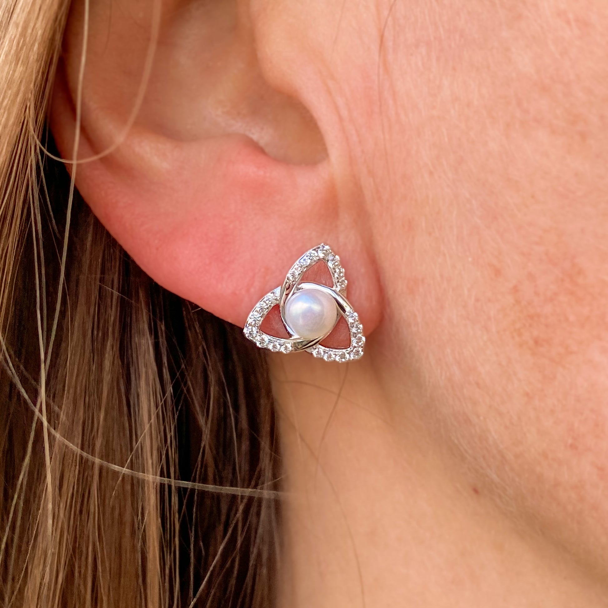 Silver Freshwater Pearl Trinity Knot Stud Earrings - John Ross Jewellers